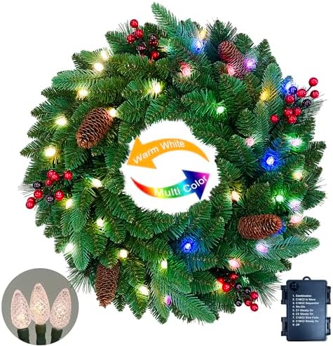 26 inches Pre-lit Artificial Christmas Wreath with Red Berries, Pine Cones, 40 C3 Dual-Color Multi-Functional Battery Operated LED Lights with Timer