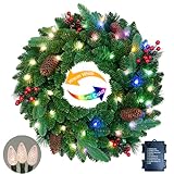 Assilyraft 26 inches Pre-lit Artificial Christmas Wreath with Red Berries, Pine Cones, 40 C3 Dual-Color Multi-Functional Battery Operated LED Lights with Timer
