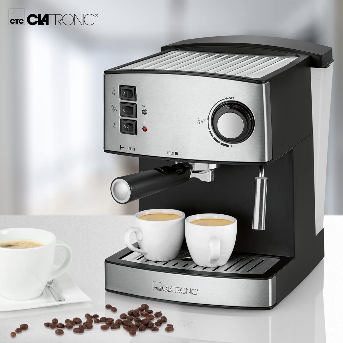 Clatronic® Espressomaschine | kleine Kaffeemaschine | 15 bar Pumpdruck | 1,6 Liter transparenter Wassertank (abnehmbar) | 2 Edelstahldüse mit Aufschäum- und Heißwasserfunktion | 850 Watt | ES 3643