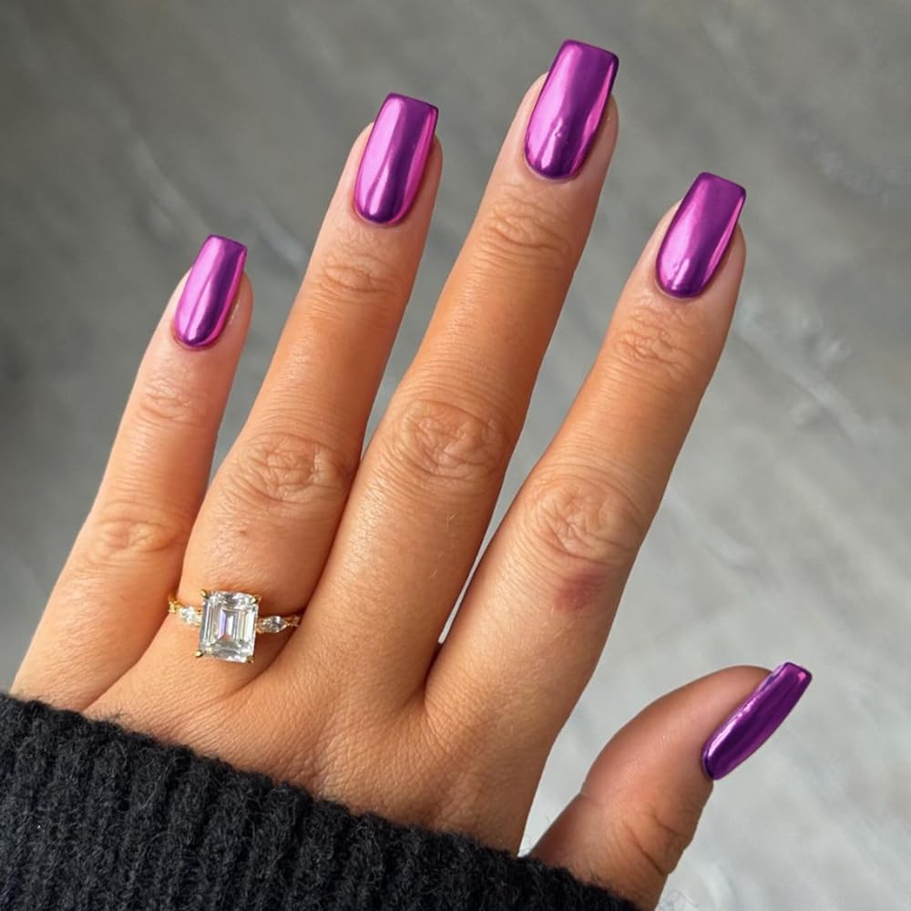 Purple Chrome Square Press on Nails Short Medium,KQueenest Mirror Metal Plating False Acrylic Nails Press Ons,Metallic Fake Nails,Glue on Nails Medium