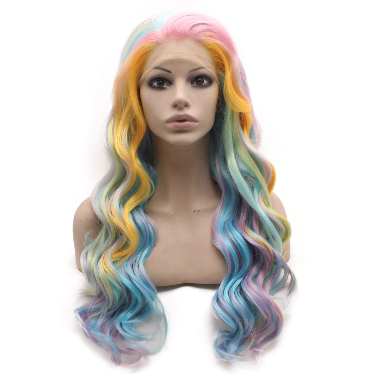 MX angel Long Wavy Sky Blue Yellow Colorful Lace Front Wig Heat Resistant Fiber Cosplay Synthetic Hair Wig