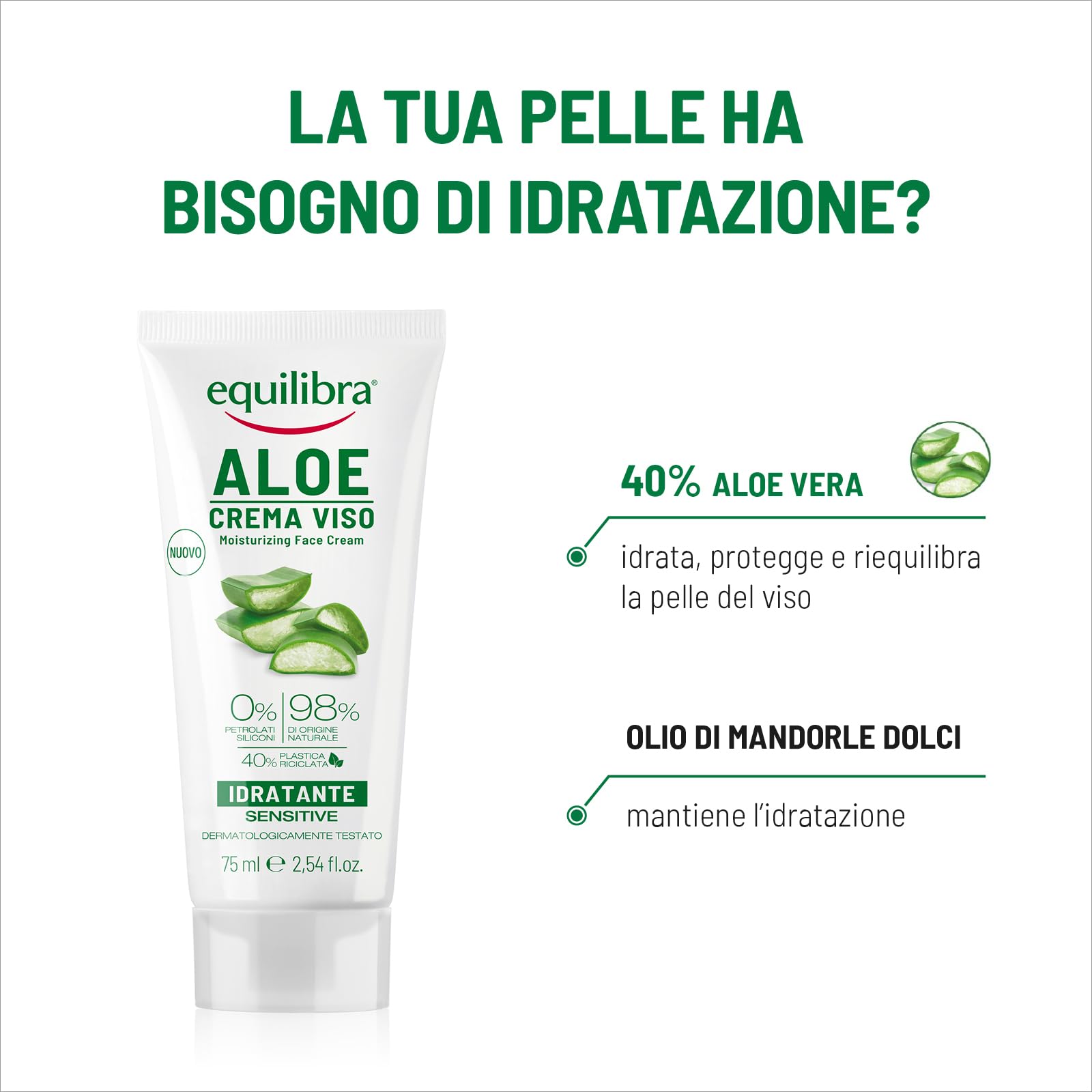 Equilibra Viso, Aloe Crema Viso, Crema Viso Idratante E Lenitiva A Base Di Aloe Vera Per Pelli Sensibili, Delicata, Protettiva, Si Assorbe Velocemente Senza Ungere, 75 Ml