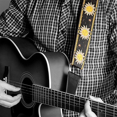Bestsounds C-150 Leather Adjustable Guitar Strap, Sun Jacquard Weave For Bass Electric And Acoustic Guitars, Black #TOP6