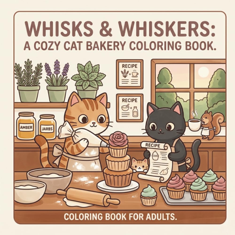 Whisks & Whiskers: A Cozy Cat Bakery Coloring Book: 30 Charming Illustrations of Two Cat Bakers, Oversized Cupcakes & Herb-Lined Shelves for Adult Relaxation