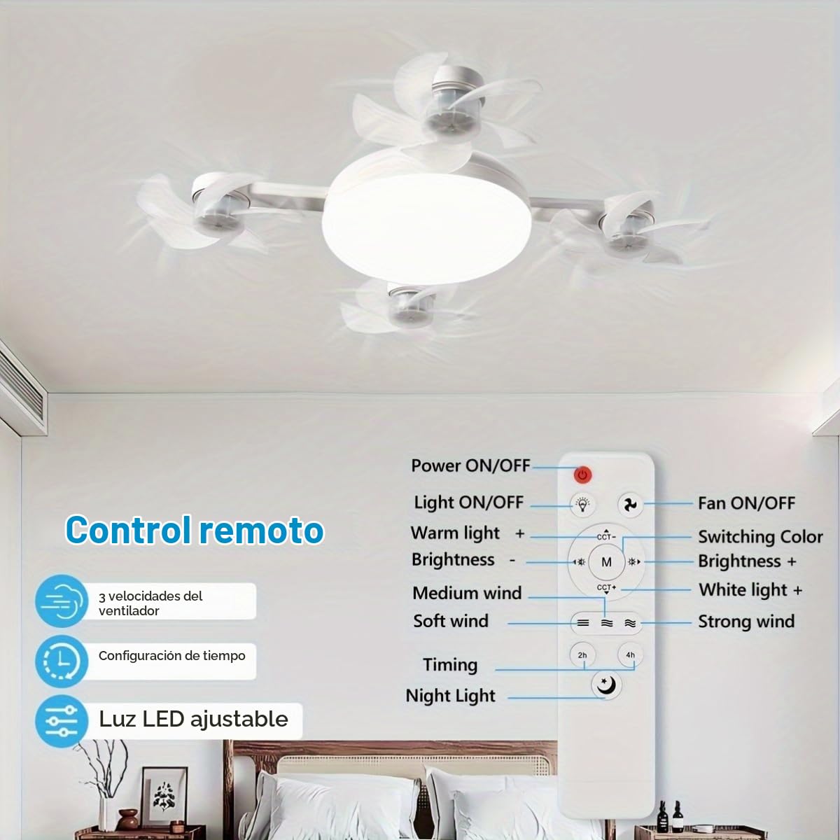 Ventilador de Techo con Luz LED Silencioso, 3 Velocidades y Aspas Retráctiles, Lámpara de Techo con Ventilador para Dormitorio, Salón, Oficina | Diseño Moderno, Control Remoto (Blanco, 4 cabezas)