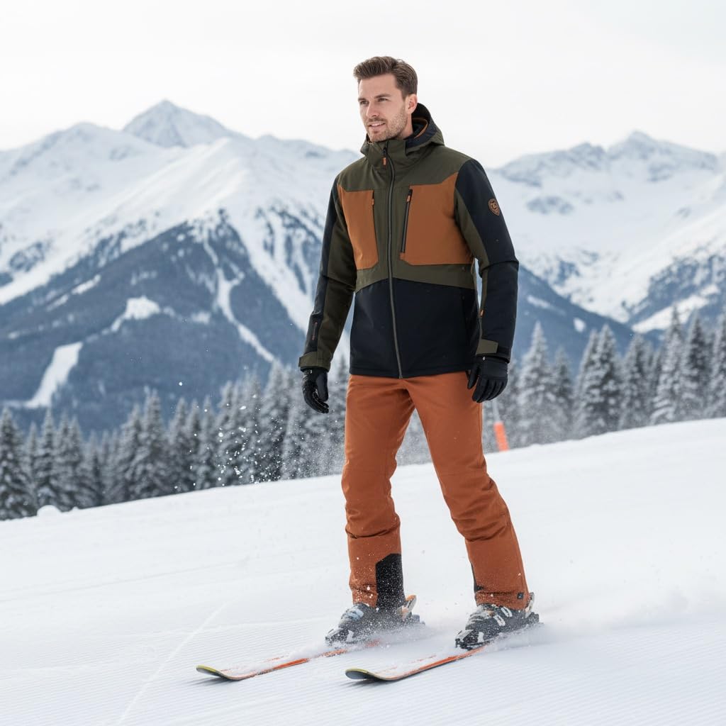 Killtec Herren Skianzug - mit 10.000 mm Wassersäule, PFC frei - Skijacke Schwarz Khaki - Skihose Orange