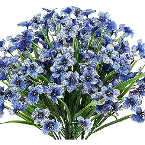 Ksnnrsng 6 Bundles Artificial Flowers Outdoor UV Resistant Fake Flowers No Fade Faux Plastic Plants Garden Porch Window Box Decorating (Blue) Cover