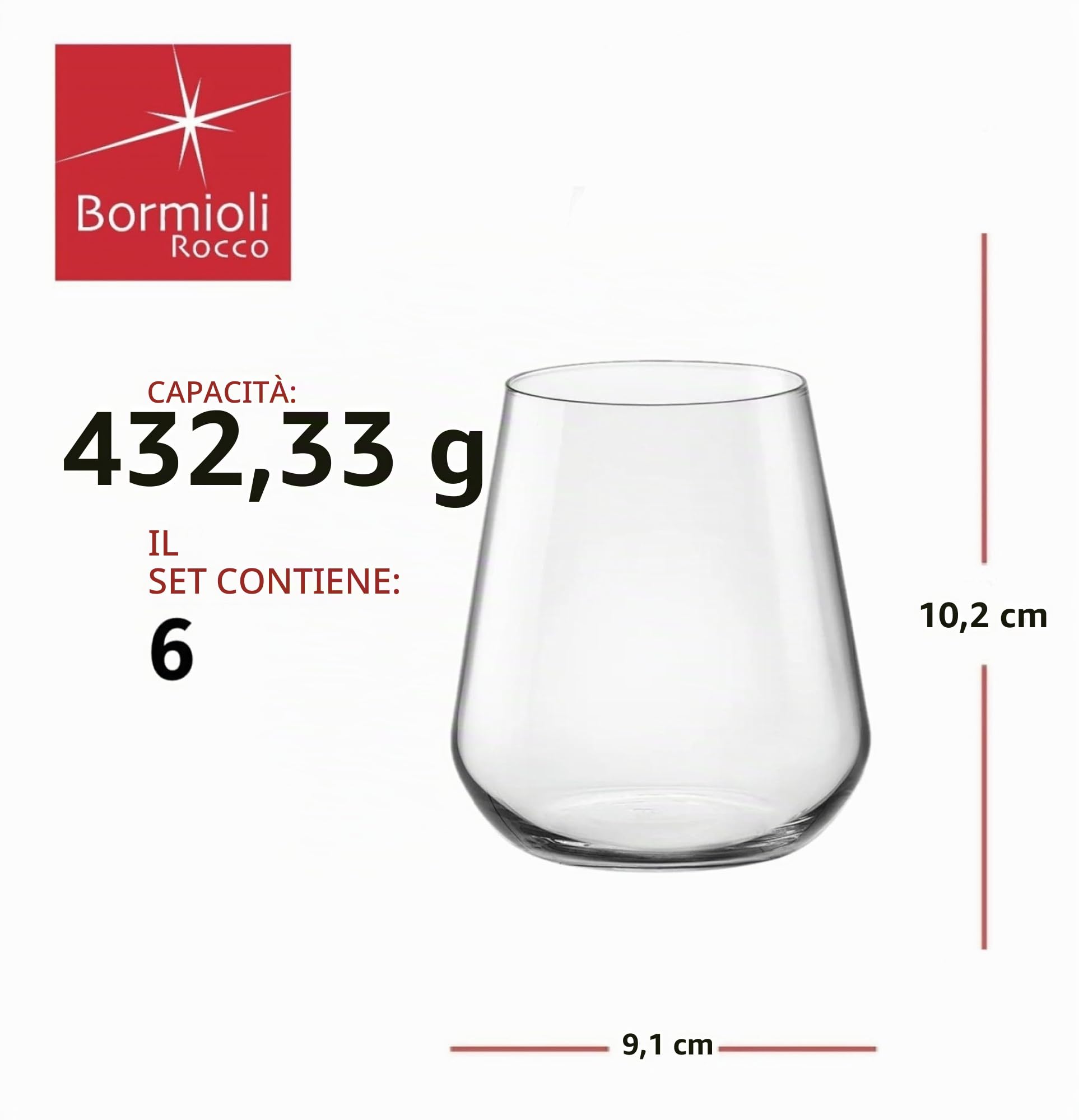 Bormioli Rocco - Inalto Bicchiere in Vetro Trasparente, 44 cl, Confezione da 6 Pezzi