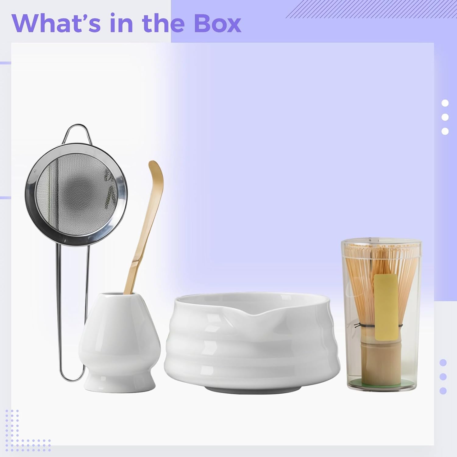 5-Piece Matcha Tea Set with Ceramic Bowl, Wood Whisk, Matcha Spoon, Sieve, Tray, and Present Box, for Traditional Tea Ceremony