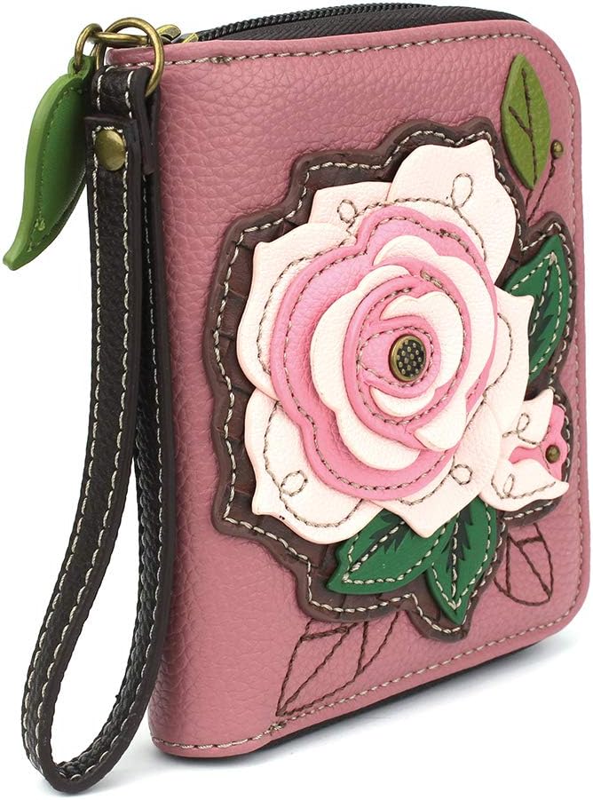 CHALA Handbags- Zip Around Wallet, Wristlet, 8 Credit Card Slots Sturdy Coin Purse for women (Pink Rose)