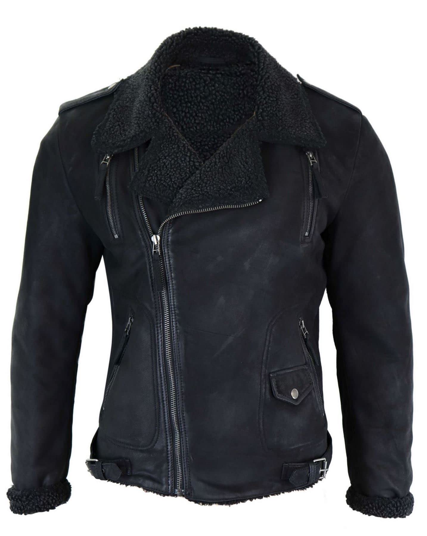 Truclothing Men's Black Biker Jacket Outwear Windproof Real Suede Leather Jackets Coat Fleece - M