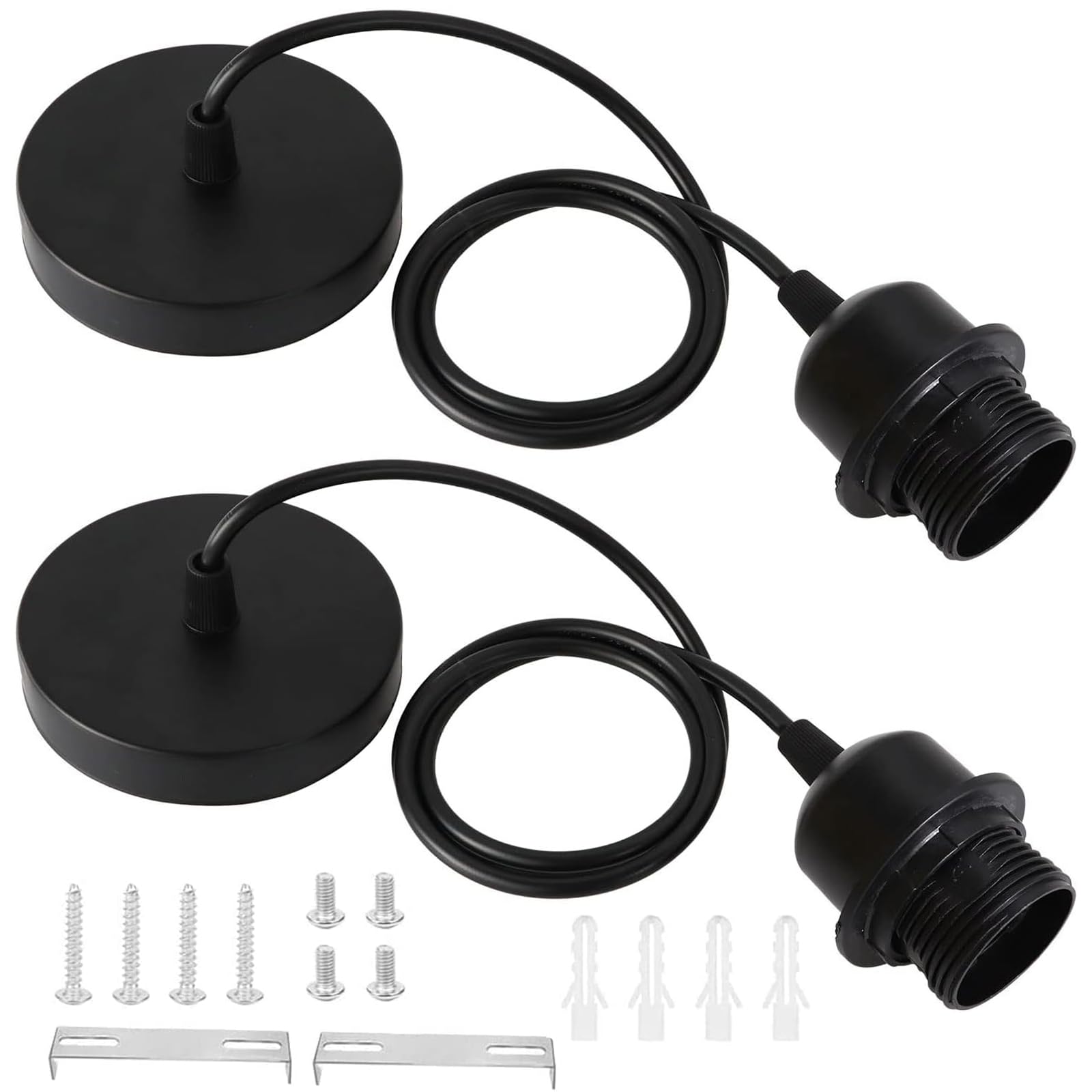 2 Pack Ceiling Pendant Light Fitting, E27 Lamp Holder, with Lock Ring for Shade, Black Light Fittings, with 100CM Adjustable Cable, Flex Cable Ceiling Rose, Industrial Style Ceiling Pendant Fitting