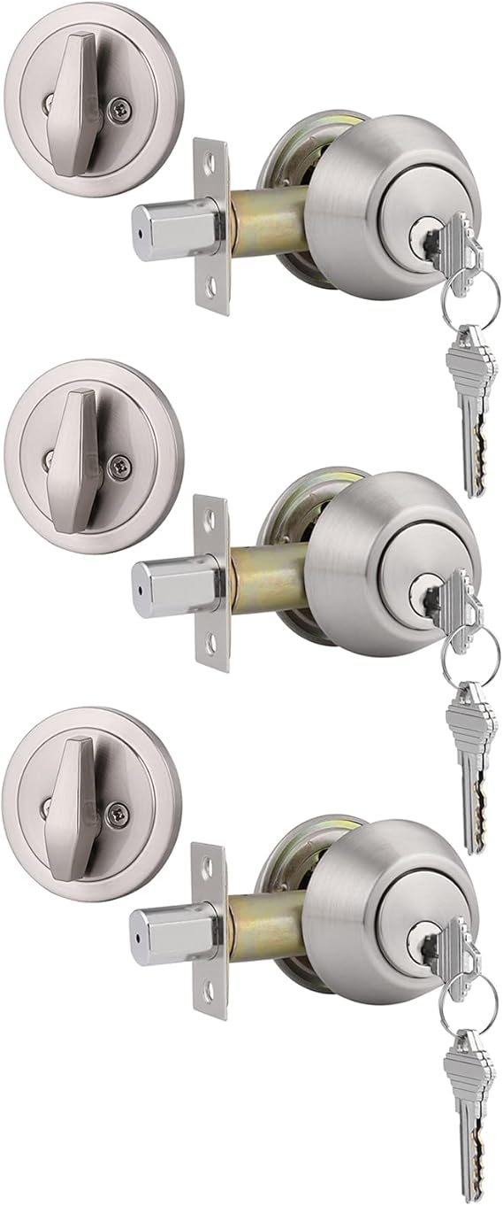 Gobrico 3 Keyed Alike Satin Nickel Keyed Single Deadbolts Door Locks with Same Key,ThumbTurn