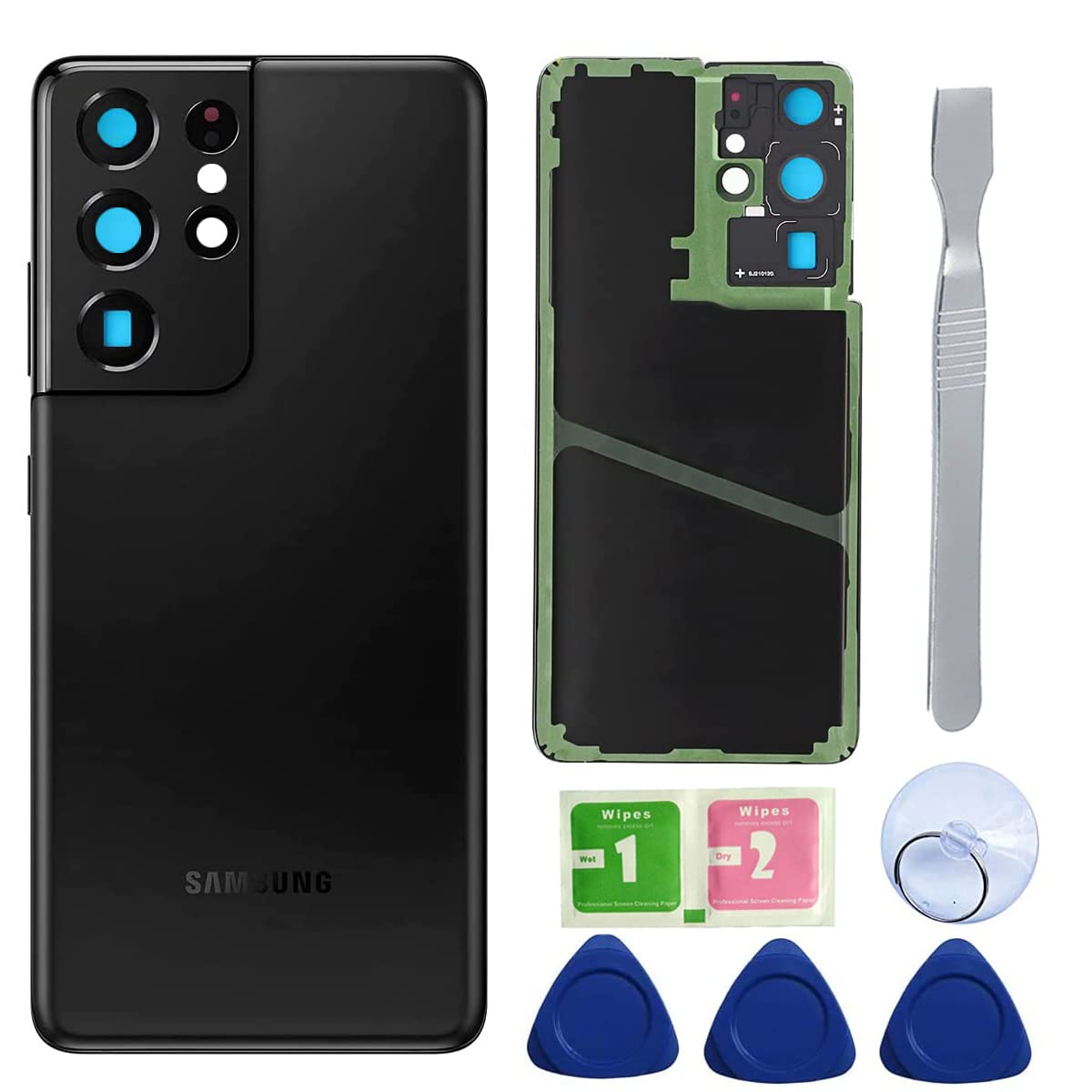 Rear Back Cover Glass Replacement for Samsung Galaxy S21 Ultra 5G with Pre-Installed Adhesive and Repair Tool Kits(Phantom Black)