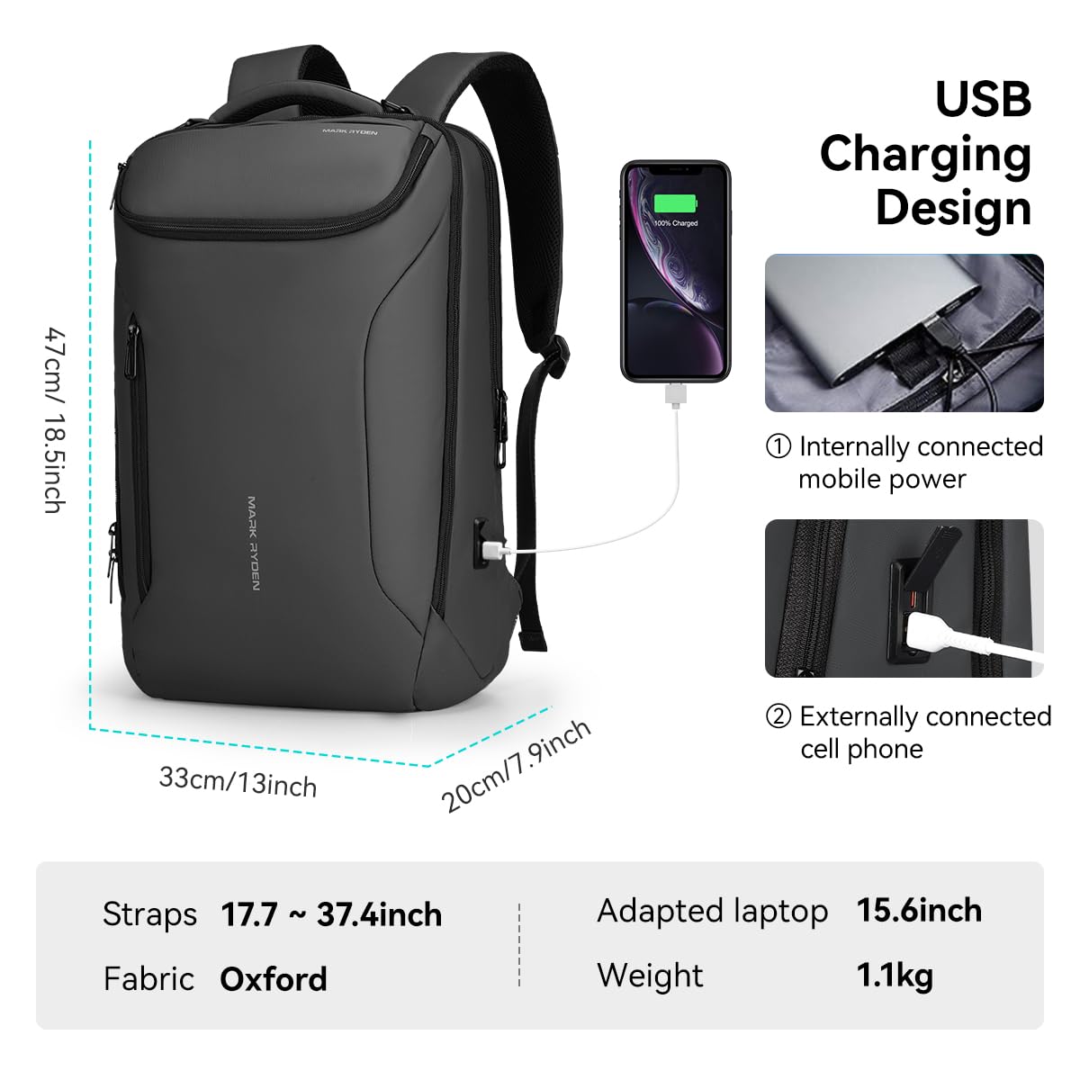 MARK RYDEN Zaino portatile di grande capacità con USB 17.3 pollici/15.6 pollici per gli uomini zaino multifunzione antifurto zaino giorno per business