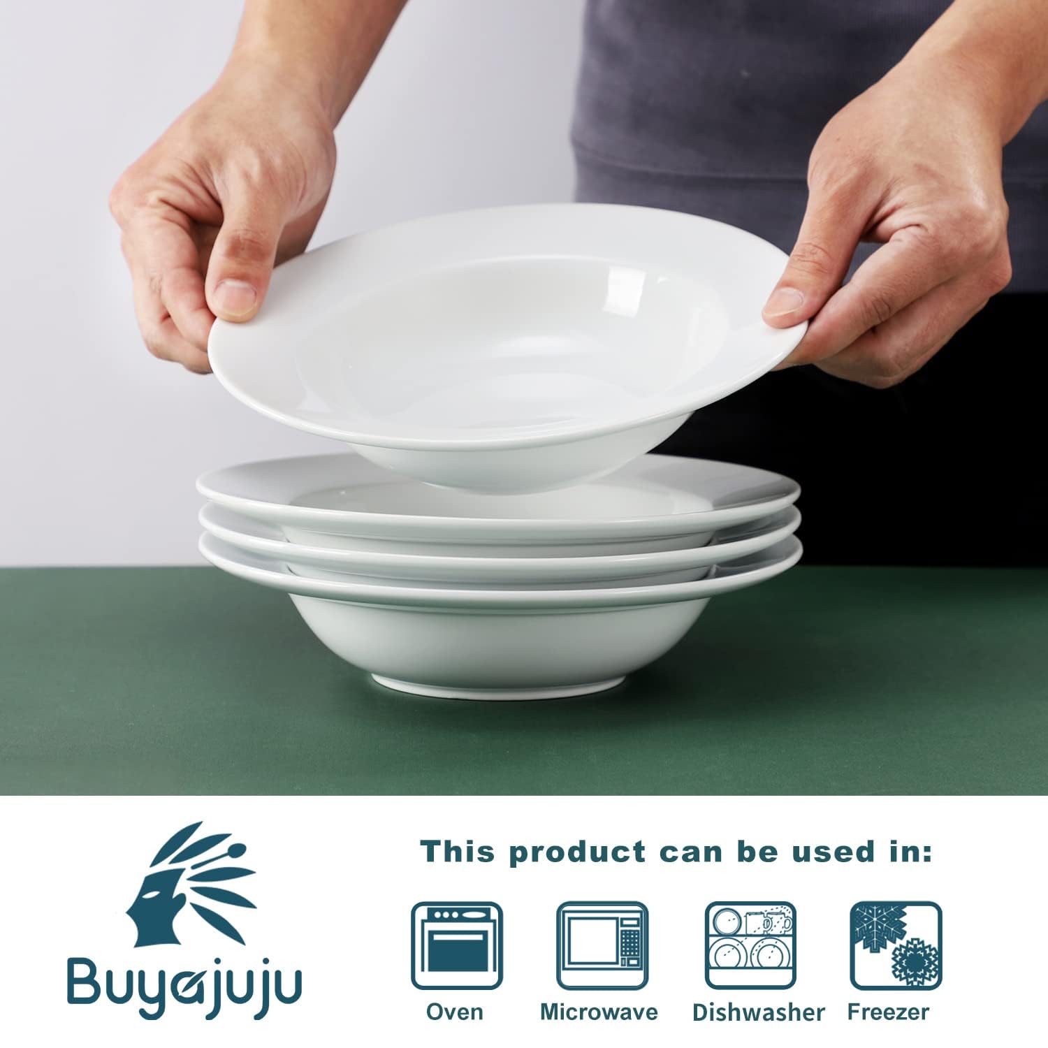 Buyajuju Platos de sopa redondos de porcelana, juego de 4 cuencos para pasta de sopa blancos clásicos, cuencos con borde de cerámica, 9.1 pulgadas de diámetro con platos de llanta.