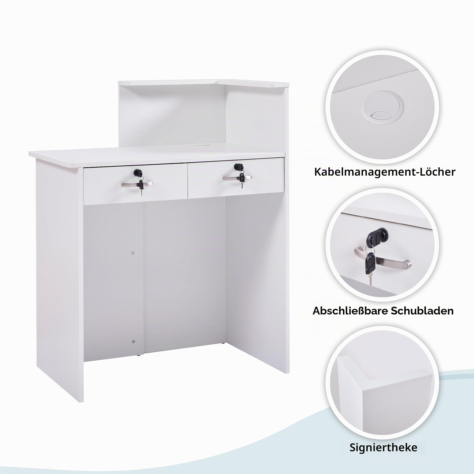 Empfangstheke Klein, 80 cm Rezeptionstheke mit Abschließbarer Schublade & Offenen Regalen, Empfangstresen Rezeption Thekentisch Verkaufstheke für Büro, Hotel, Laden, Friseur & Schönheitssalon, MDF