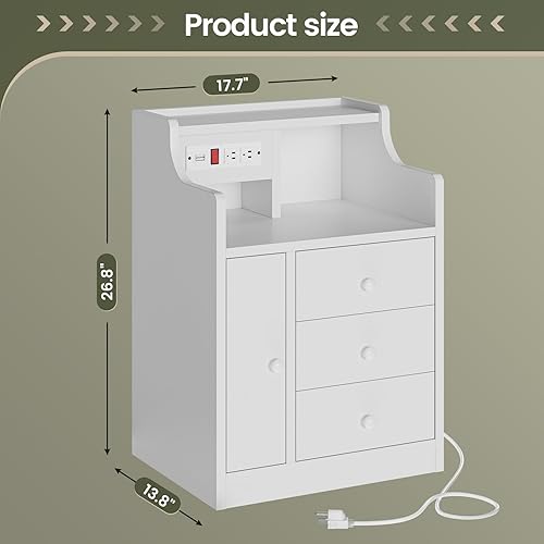 Miniatura 6 de Mesita de noche con estación de carga, mesitas de noche blancas con gabinete y luces LED, mesita de noche con 3 cajones, 2 tomas de corriente, 2