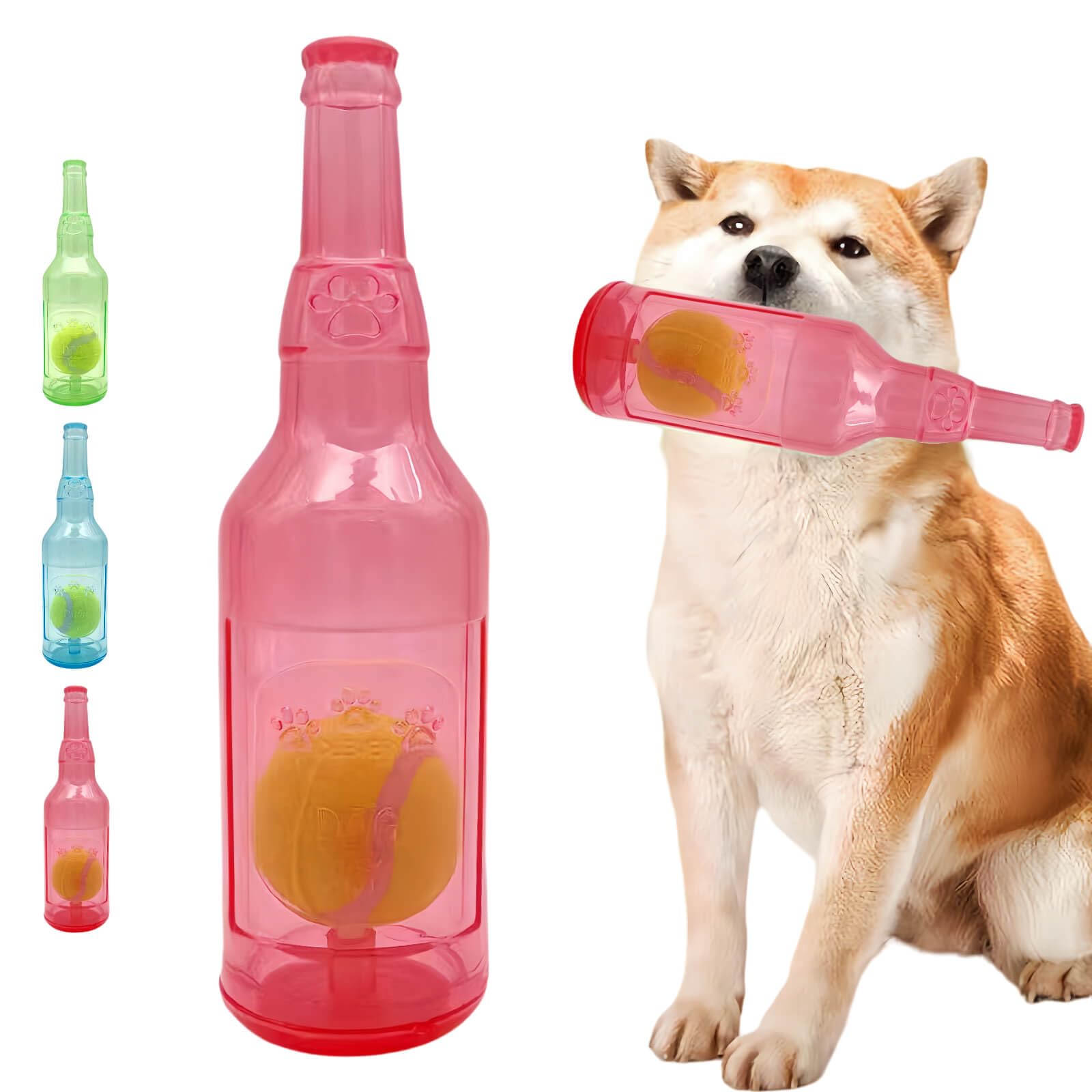 Cute Tough Dog Toy Rubber Bottle Squeaky Dogs Chew Toy Long Lasting Interactive Fetch Toy for Teething Tennis Ball Included (Red, Medium)