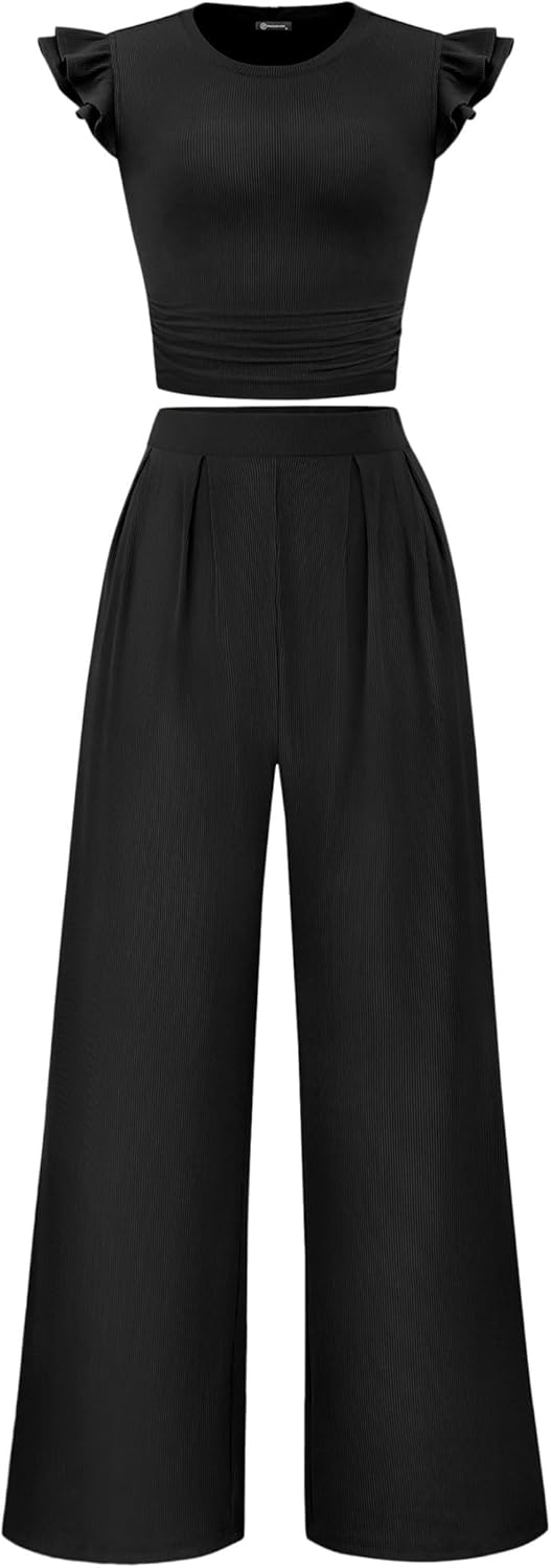 KIRUNDO Two Piece Sets For Women Summer 2026 Casual Cap Sleeve Cute Tops Wide Leg Pants Matching Set Travel Vacation Outfits