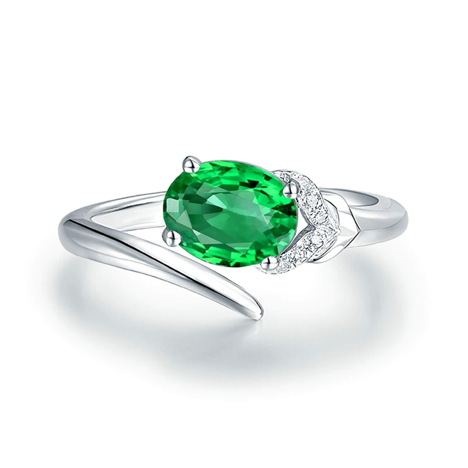 Anillos de compromiso de oro blanco y platino, anillo de boda para mujer, talla 1/2-V, 1/2, rosa con esmeralda ovalada de 1,2 quilates y moissanita de 0,03 quilates