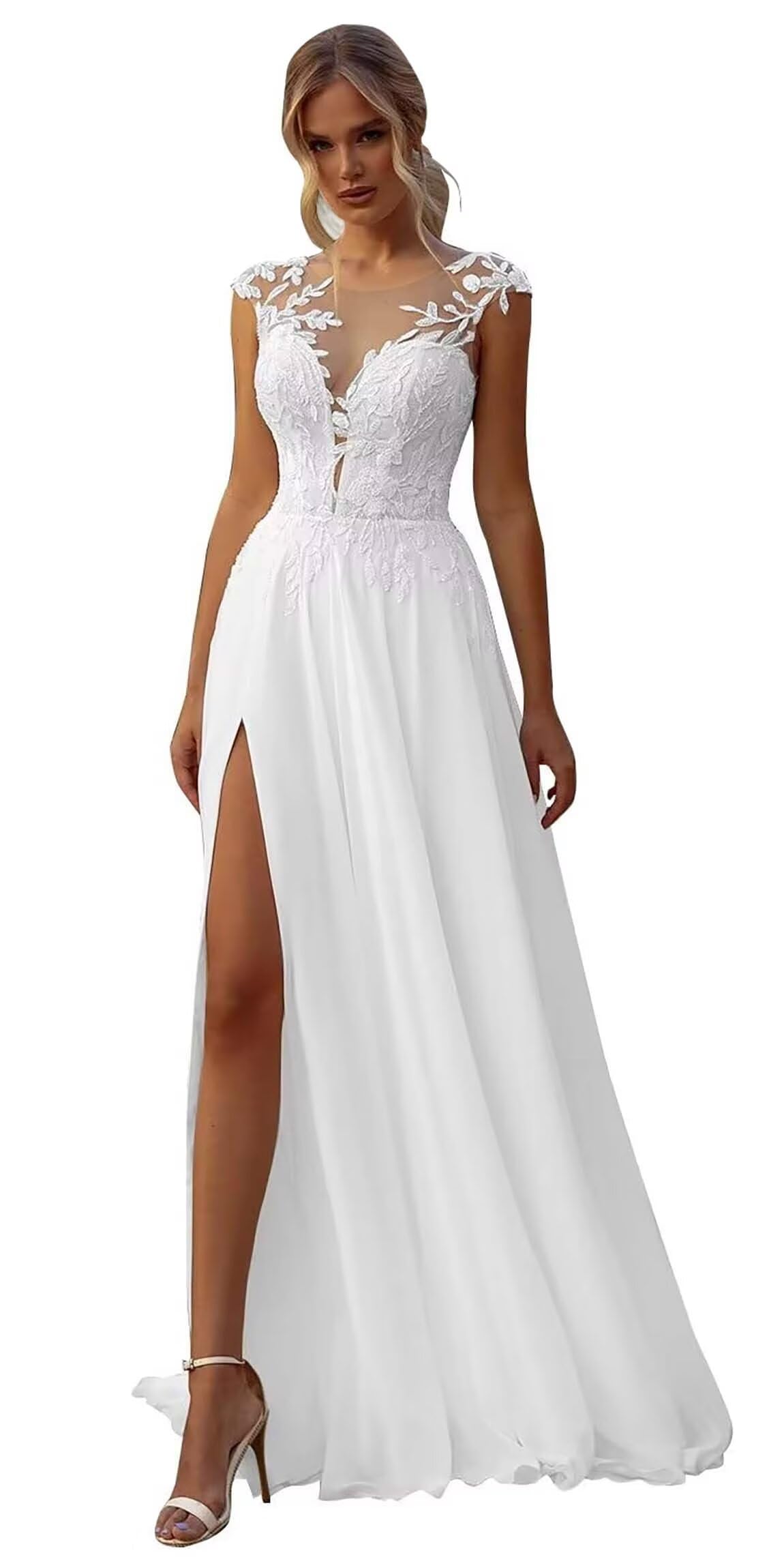 Womens Chiffon Boho Wedding Dresses A Line Lace Applique Beach Wedding Gowns with Slit 2025