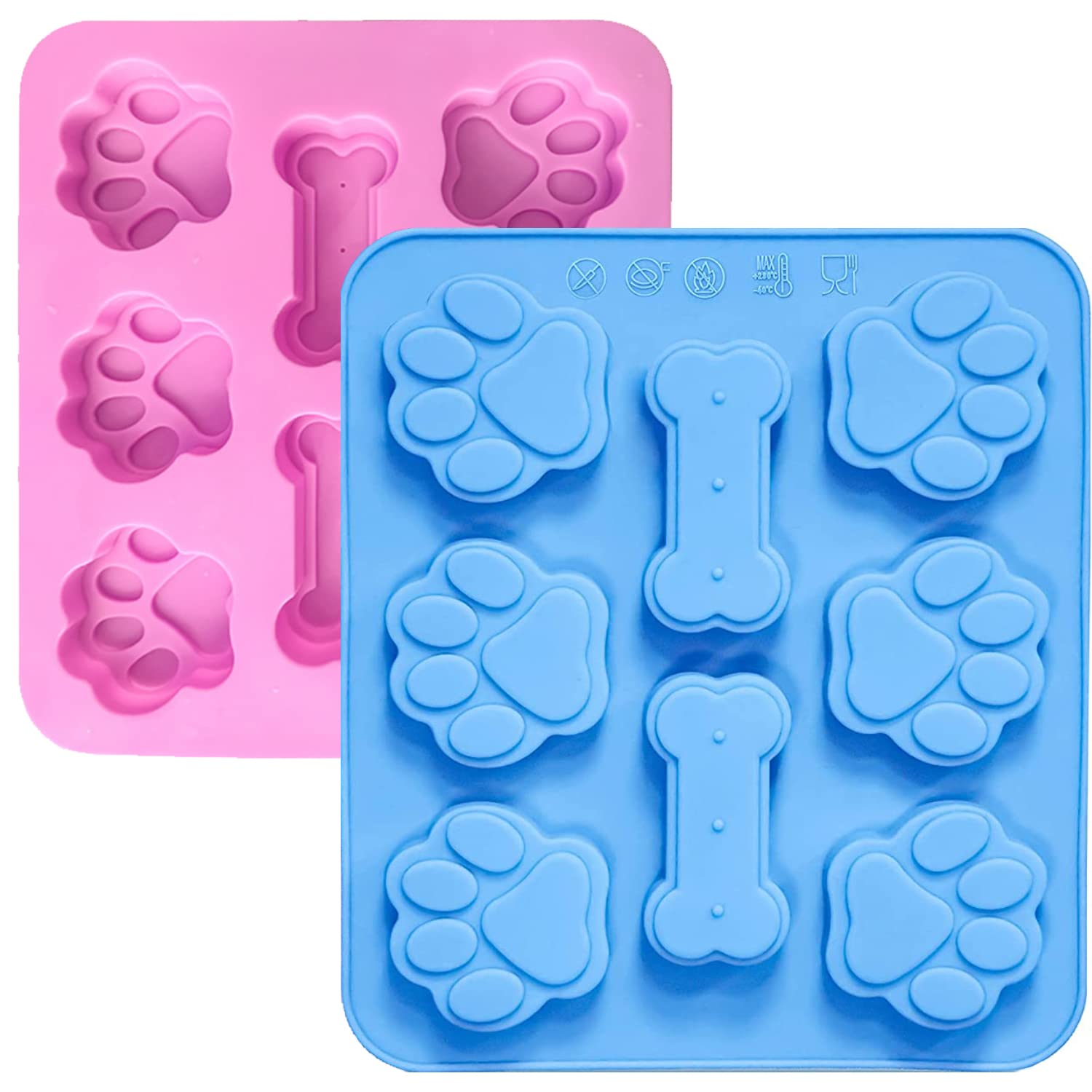 2 Pack Silicone Molds with Puppy Dog Paw and Bone Shaped 2 in 1, Reusable Non-Stick Ice Cube Trays & Flexible Candy Chocolate Molds for Homemade Dog Treats, Pudding