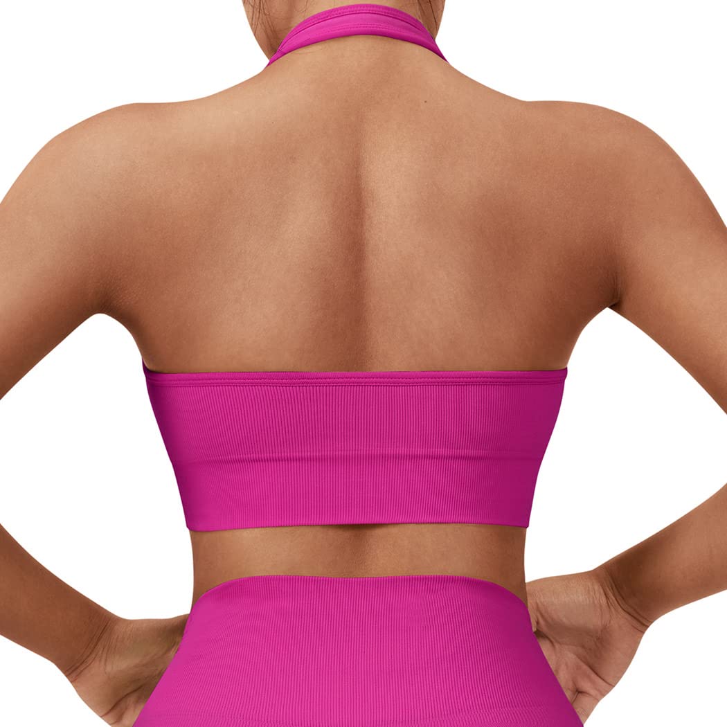 SUUKSESS Women Seamless Halter Sports Bra Open Back Padded Workout Crop Tank Tops