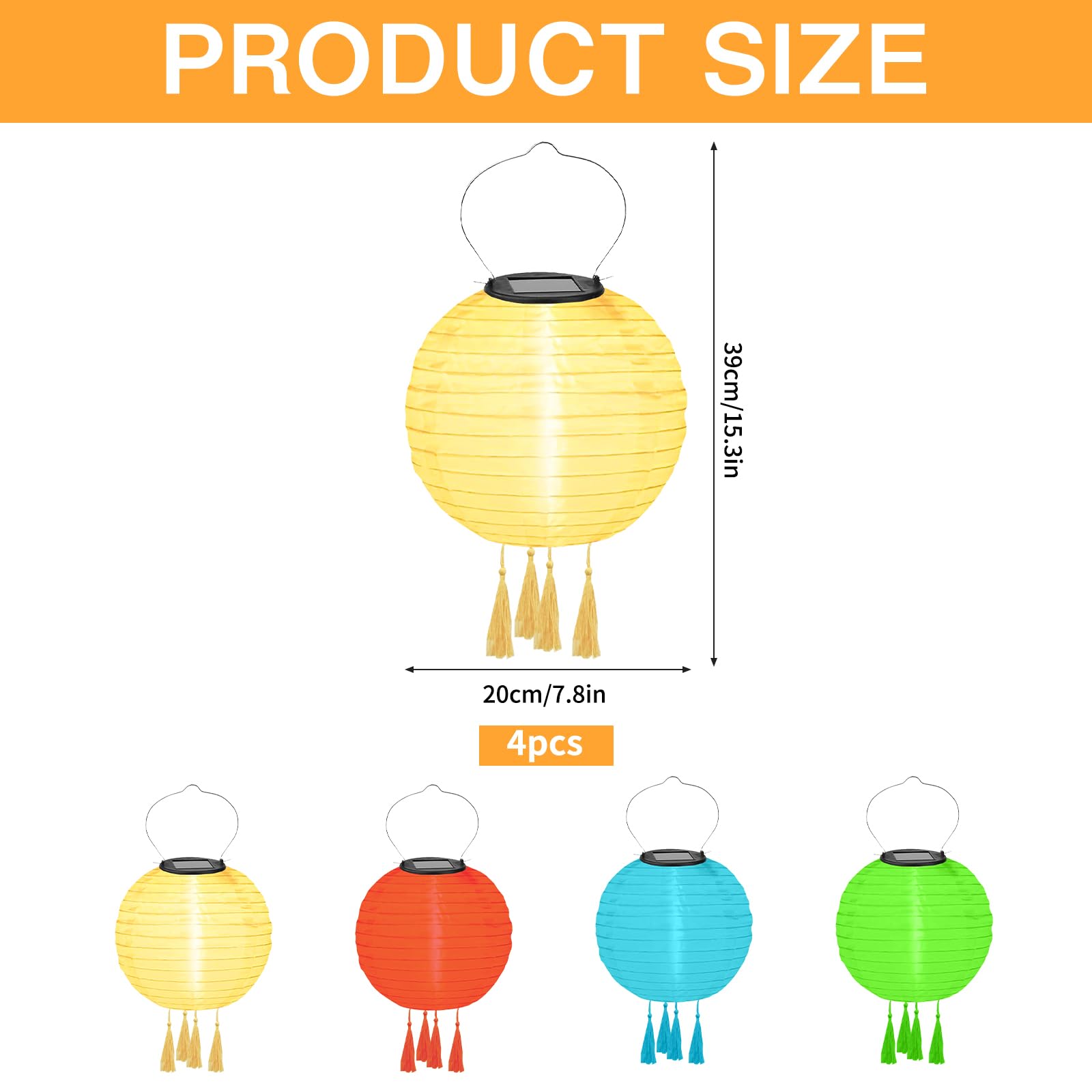 Lot de 4 lampions solaires d'extérieur résistants aux intempéries - Lampes solaires d'extérieur à suspendre - Avec 4 pompons - Pour terrasse, cour, jardin