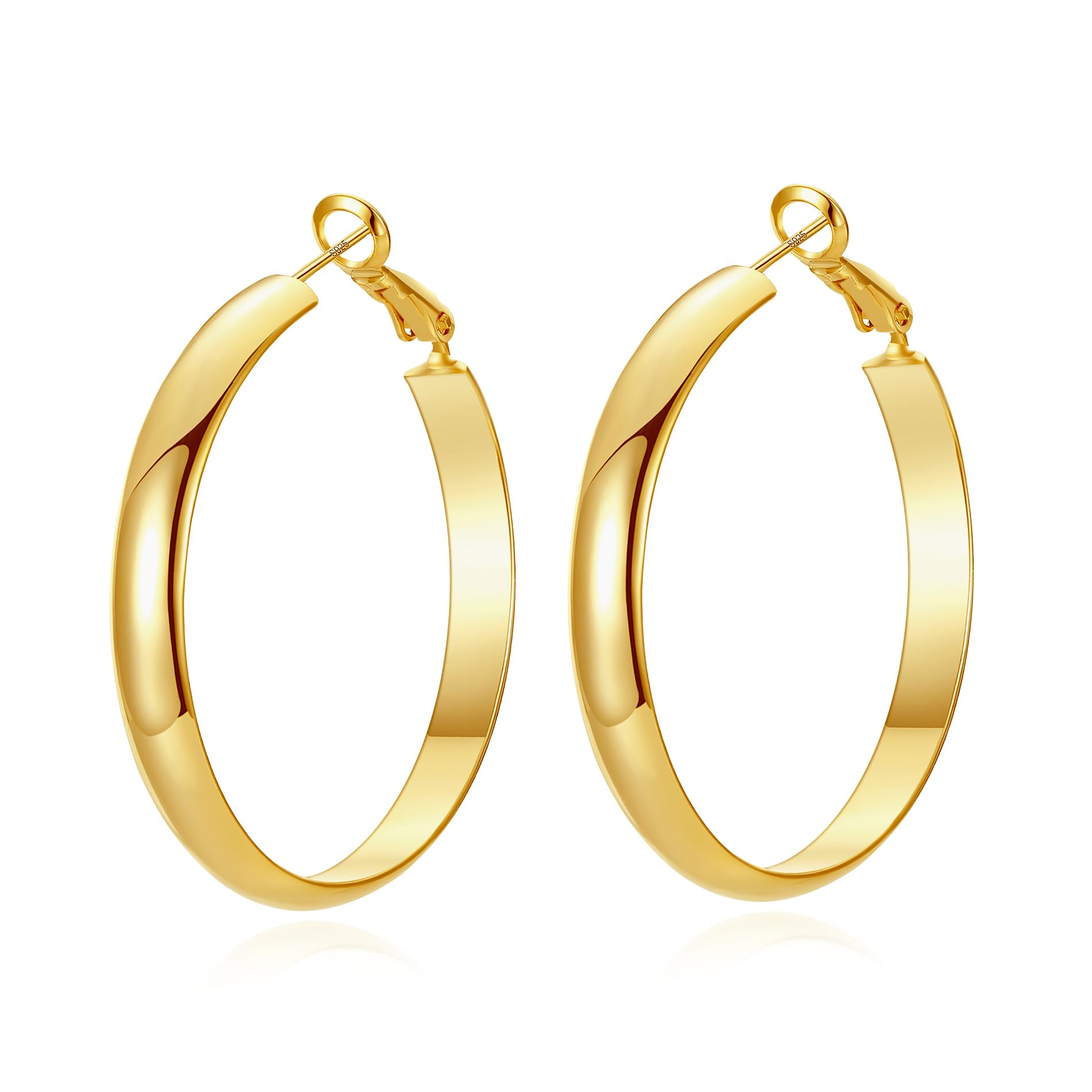 STAYLOVE Flat Big Gold Hoop Earrings for Women 14K Real Gold Plated 925 Sterling Silver Post Hypoallergenic 5mm Wide Large Hoop Earrings for Women