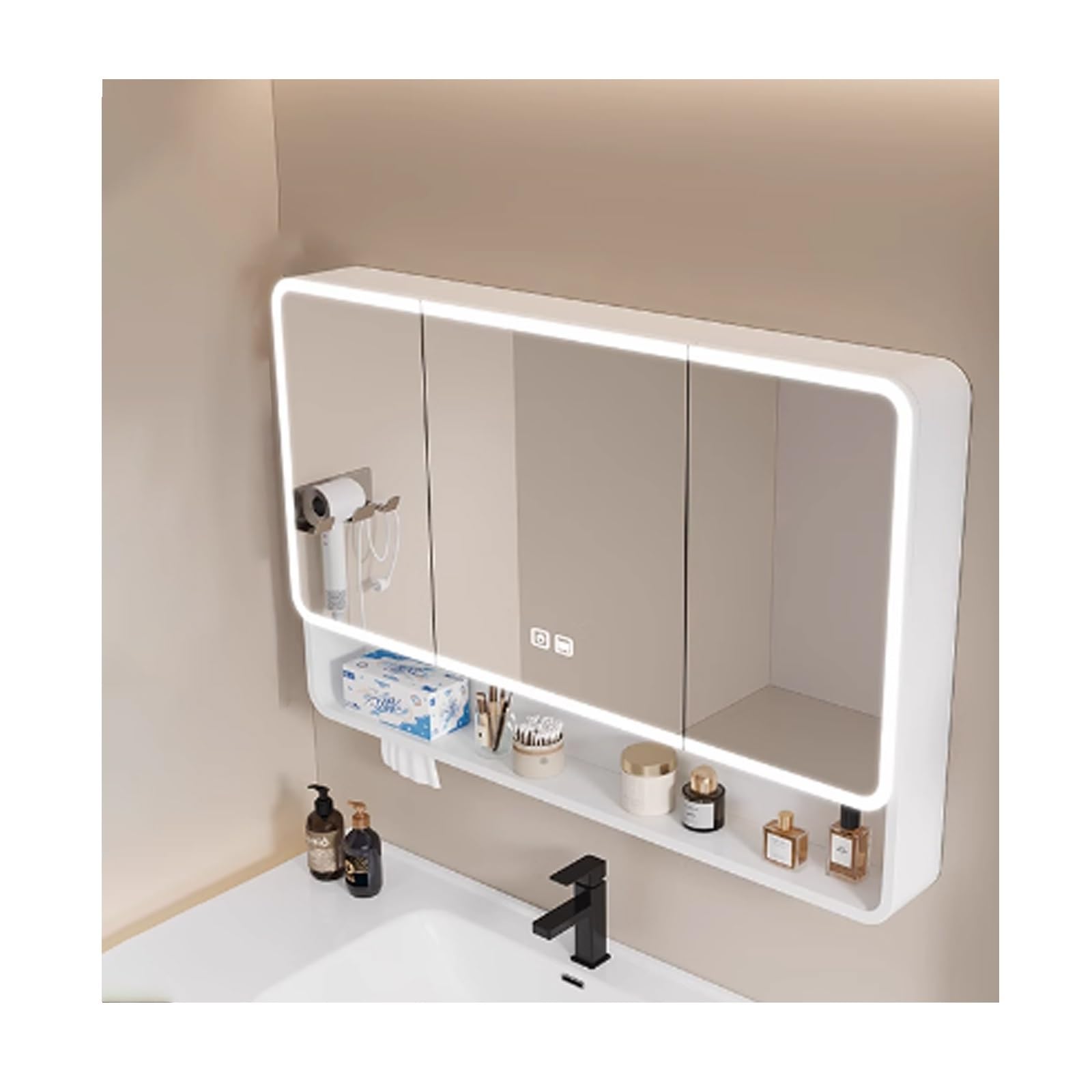 FLYIODFCXV bathroom mirror cabinet, With 2 Mirrored Doors，Rounded Corners, Efficient Demisting, Large Storage Capacity(White,90cm/35.4in)