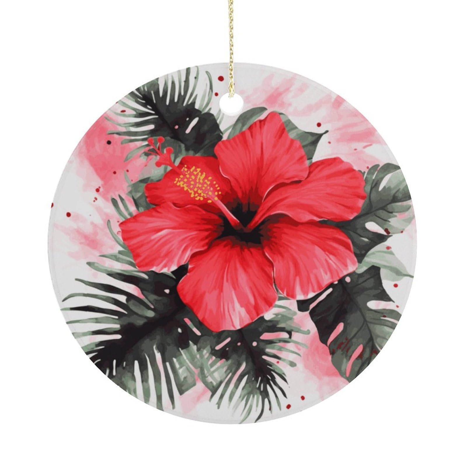 Red Hibiscus Christmas Ornaments Colorful Round Ceramic Ornament Christmas Hanging Decor Christmas Tree Decorations Xmas Keepsake for Women Men Xmas Holiday Party