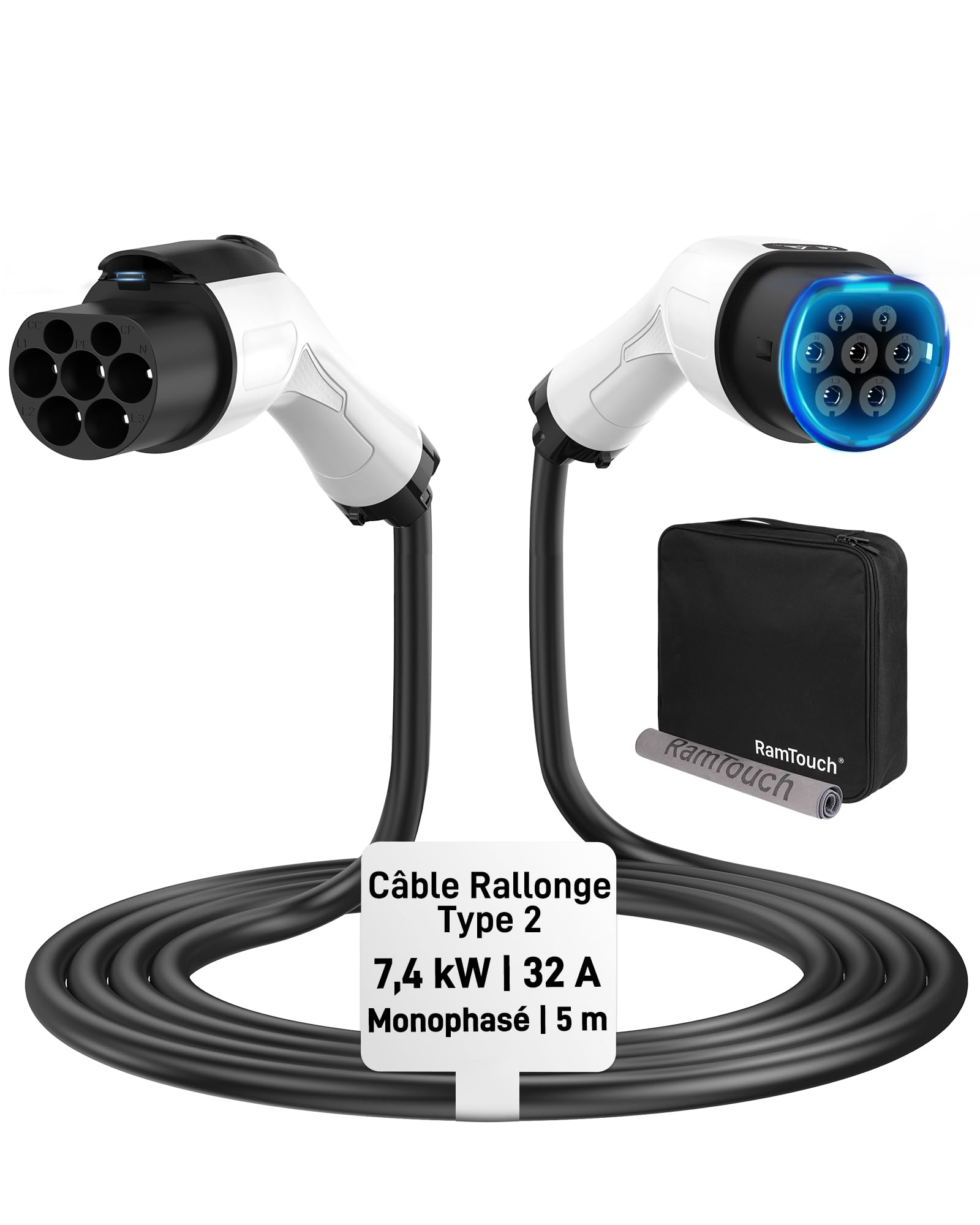 Câble de Rallonge Type 2 (32 A, 7,4 KW, 5 m, Monophasé) - Câble d'Extension Compatible avec Les Chargeurs, Wallboxes et Bornes de Recharge pour Véhicules Électriques (VE) et Hybrides (PHEV)