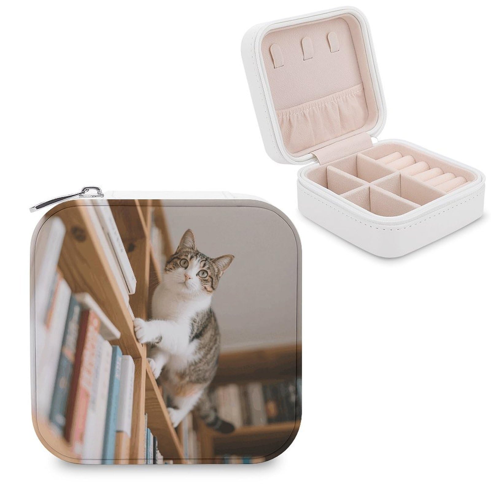 VstaDank Cat on The Bookshelf Jewelry Box for Women Jewelry Organizer Storage Case with Zipper Mini Travel Jewelry Case Cute Trinket Organizer Leather Portable Jewelry Storage Box