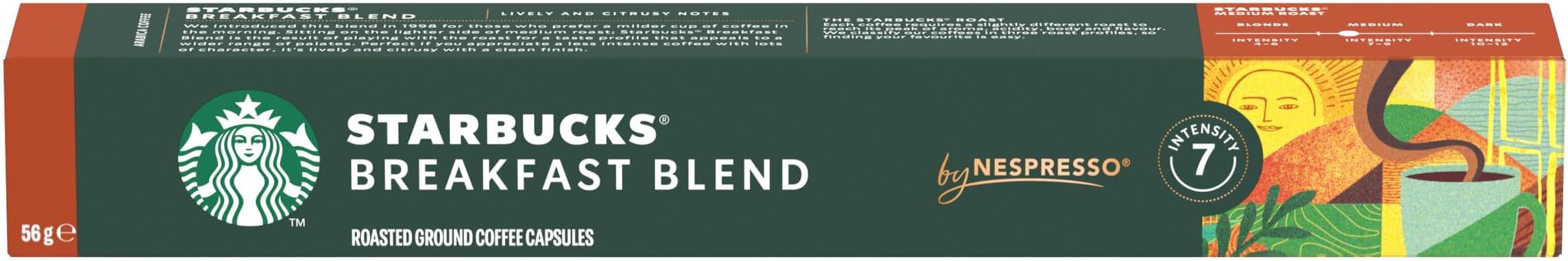 Starbucks Nespresso, Starbucks Breakfast Blend Lively and Citrusy Notes Medium Roast, 56 grams, Pack of 10 Capsules