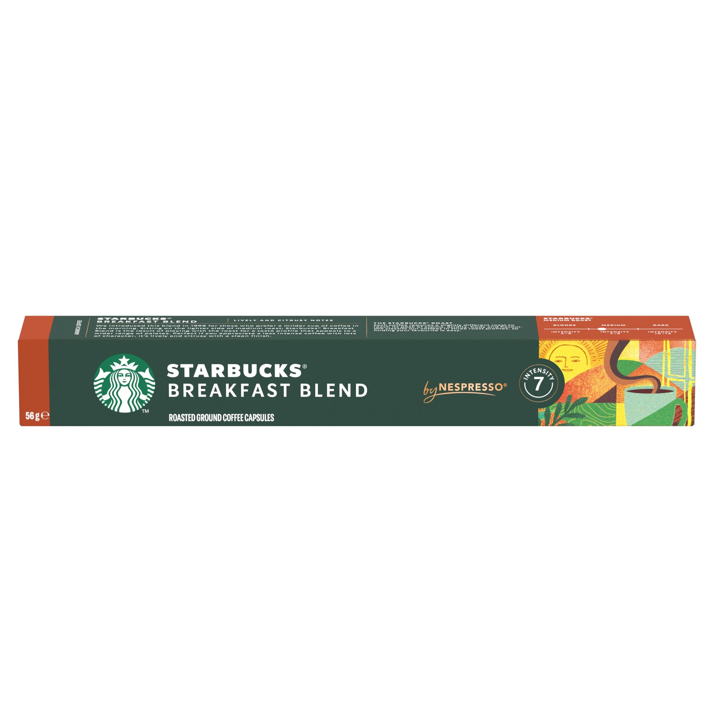Nespresso, Starbucks Breakfast Blend Lively and Citrusy Notes Medium Roast, 56 grams, Pack of 10 Capsules