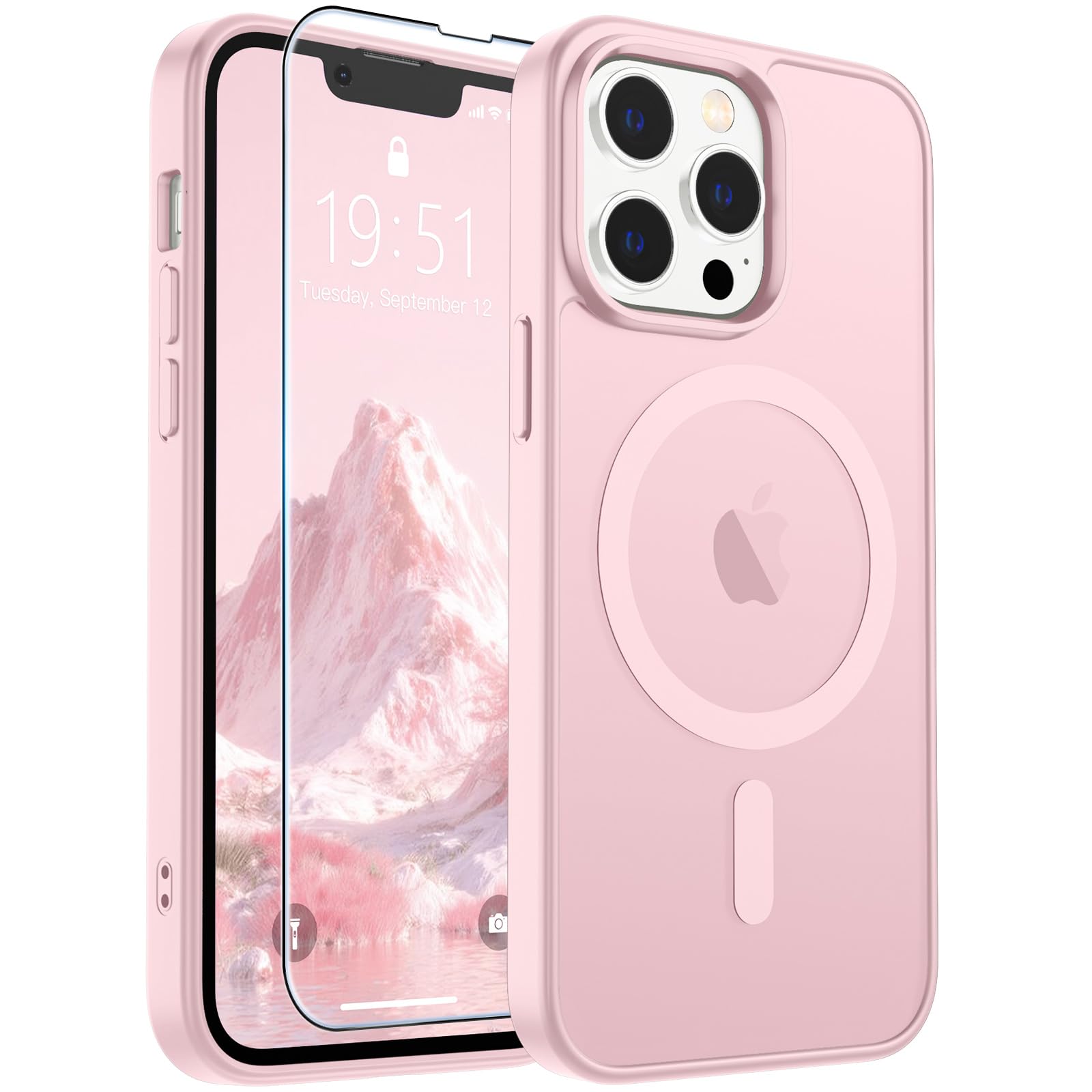 SUPFINE Magnetic for iPhone 13 Pro Case Light Pink | With Screen Protector, Translucent Matte, Compatible with MagSafe, Military Grade Drop Proof, Rugged Shockproof Protective
