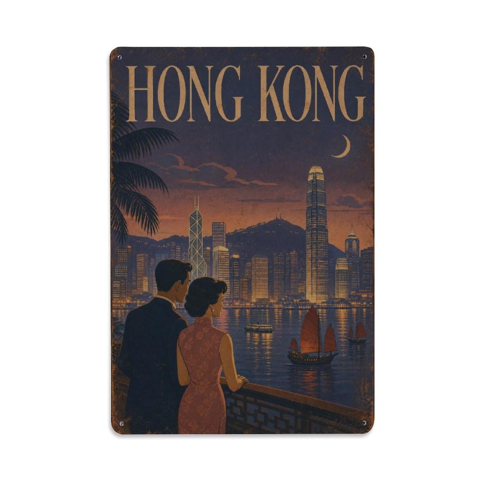 Gead 8X12inch Style Vintage Travel Hong Kong Nightfall Metal Tin Sign