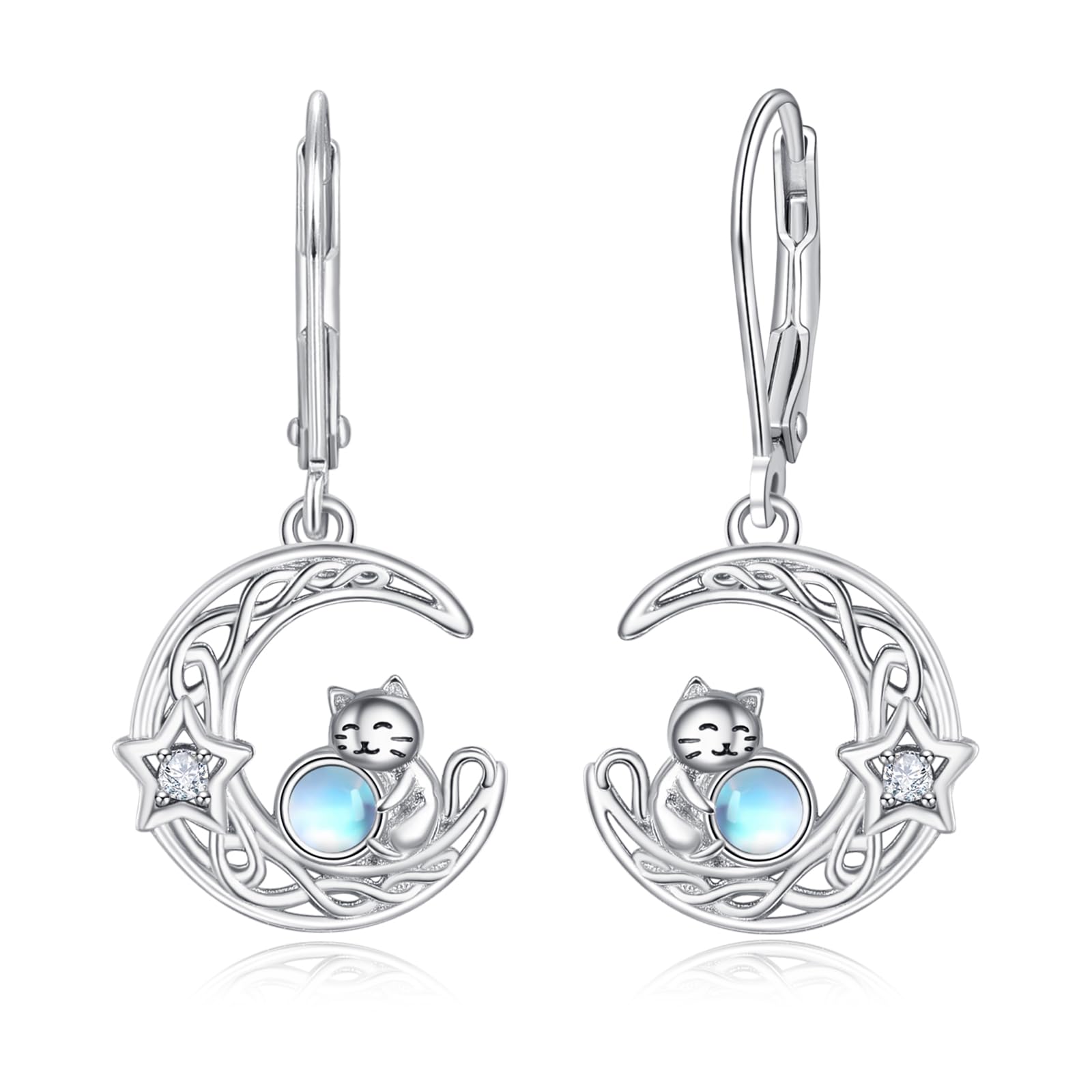 Boucles d'oreilles chat argent 925 pendantes dormeuses pierre de lune - 8