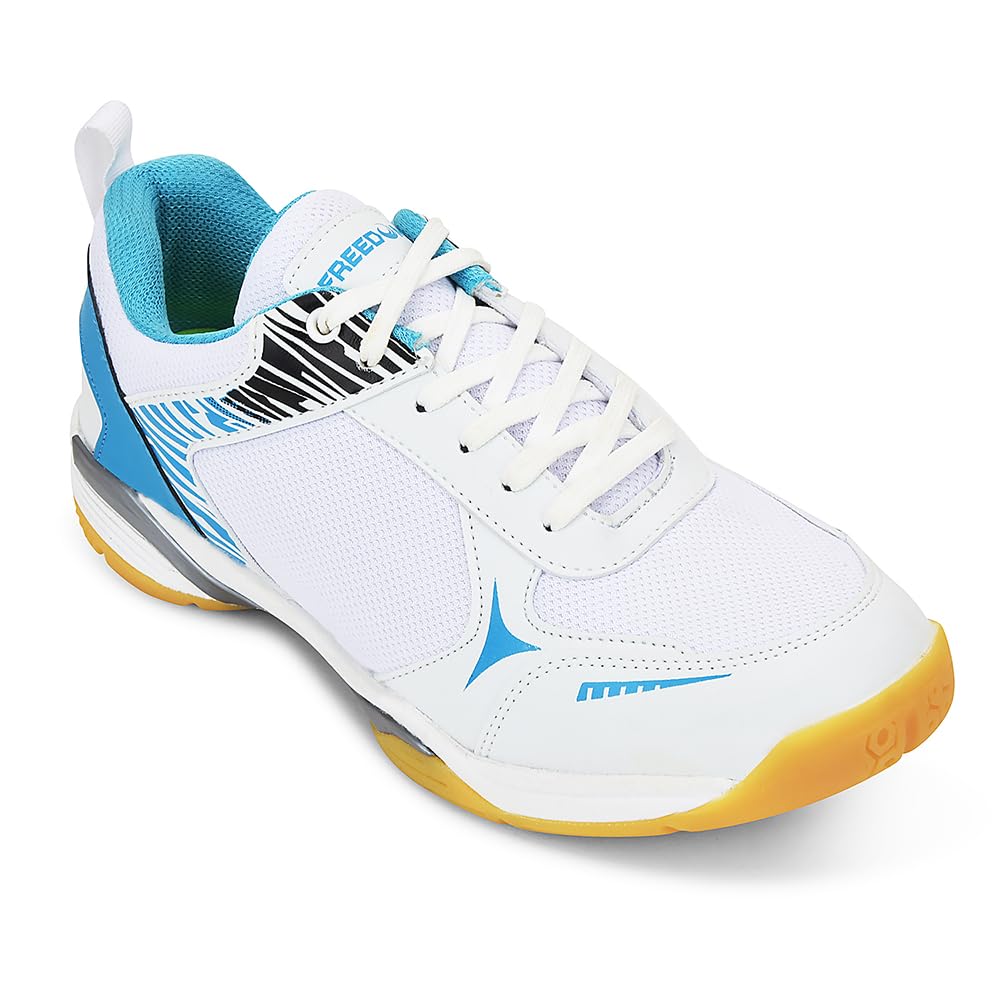 Freedom Pluto-1 Sports Lacing Non-Marking Badminton & Paddle/Pickle Ball Shoes for Men - Black & Sky Blue - Lightweight & Comfortable | Suitable for Table Tennis, Squash and All Indoor Court