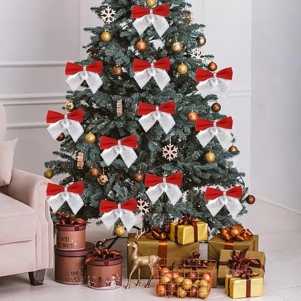 Pacote com 12 miniarcos, pingente de árvore de Natal, faça você mesmo, Feliz Natal, Ano Novo, decoração de festa em casa, presentes (vermelho prata)