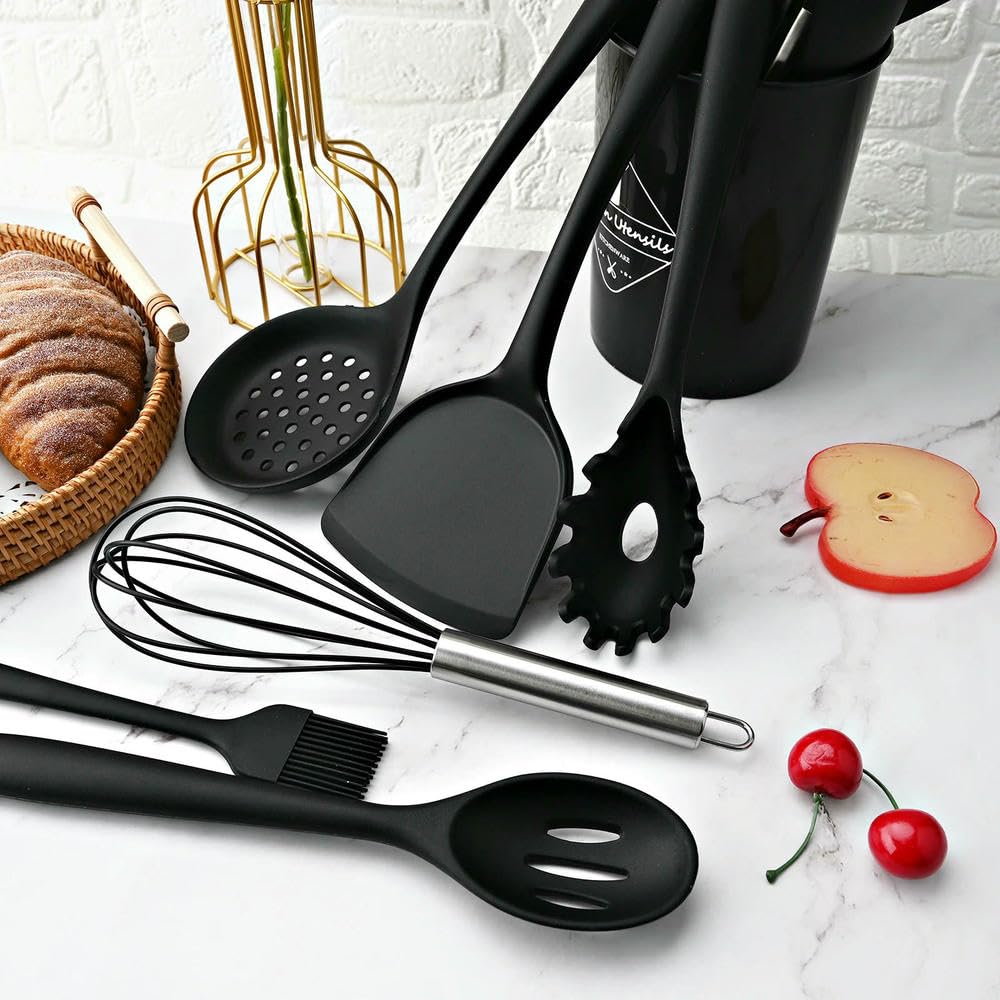 WLDMA Ensemble d'ustensiles de cuisine noirs en silicone de qualité alimentaire avec spatule, pelle à soupe, cuillère à soupe, ustensiles de cuisine BPA