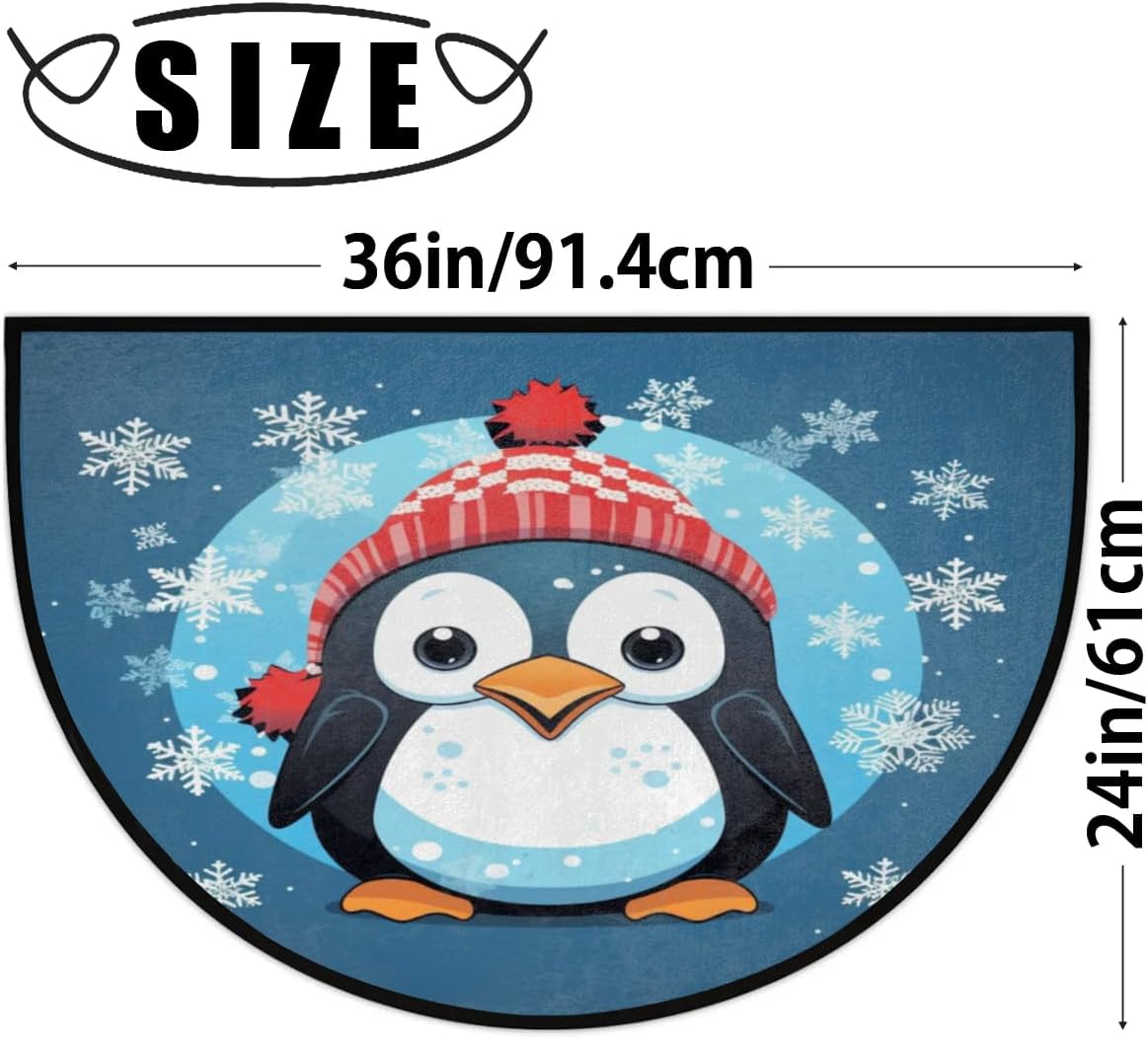 Winter Cute Penguin Half Round Door Mat - Non-Slip Washable Half Circle Area Rug, Durable Half Moon Rugs for Outdoor and Indoor Home Entrance, Bedroom, Living Room Semi Circle Doormat 36 * 24in