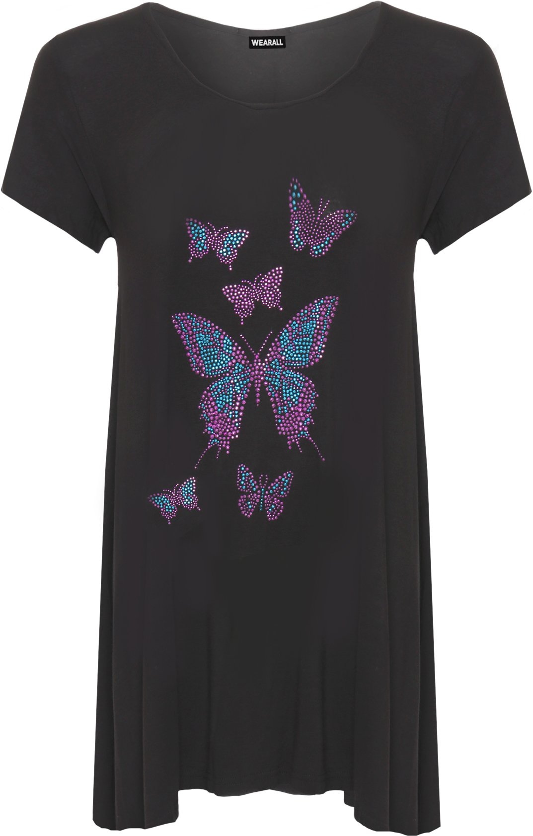 WearAll Womens Plus Diamante Butterfly Top Ladies Hanky Hem Short Sleeve Flared T-Shirt - Black - 22-24