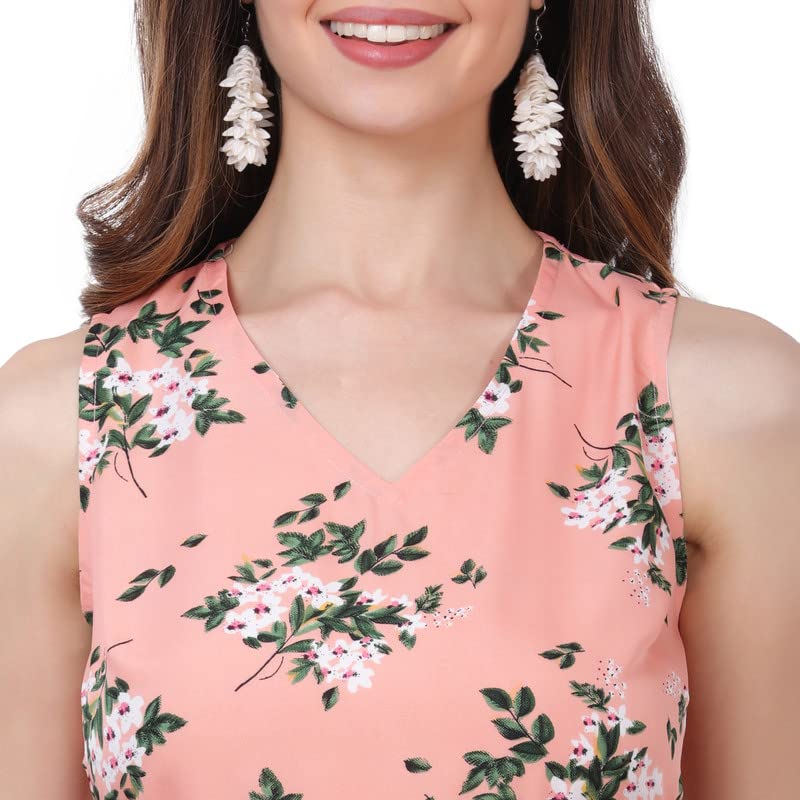 Image of Women's Crepe A-Line Knee Length Dress | Western Sleeveless Dress for Girls | Flared Frock | Frill Midi | Knee Gown