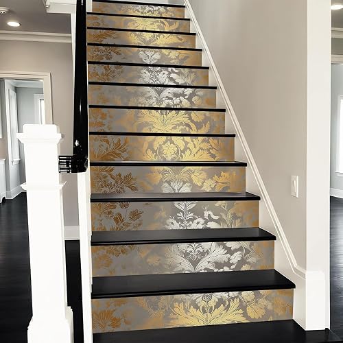 Gold Grey Damask Flower 14 Strips Stair Decals, Peel and