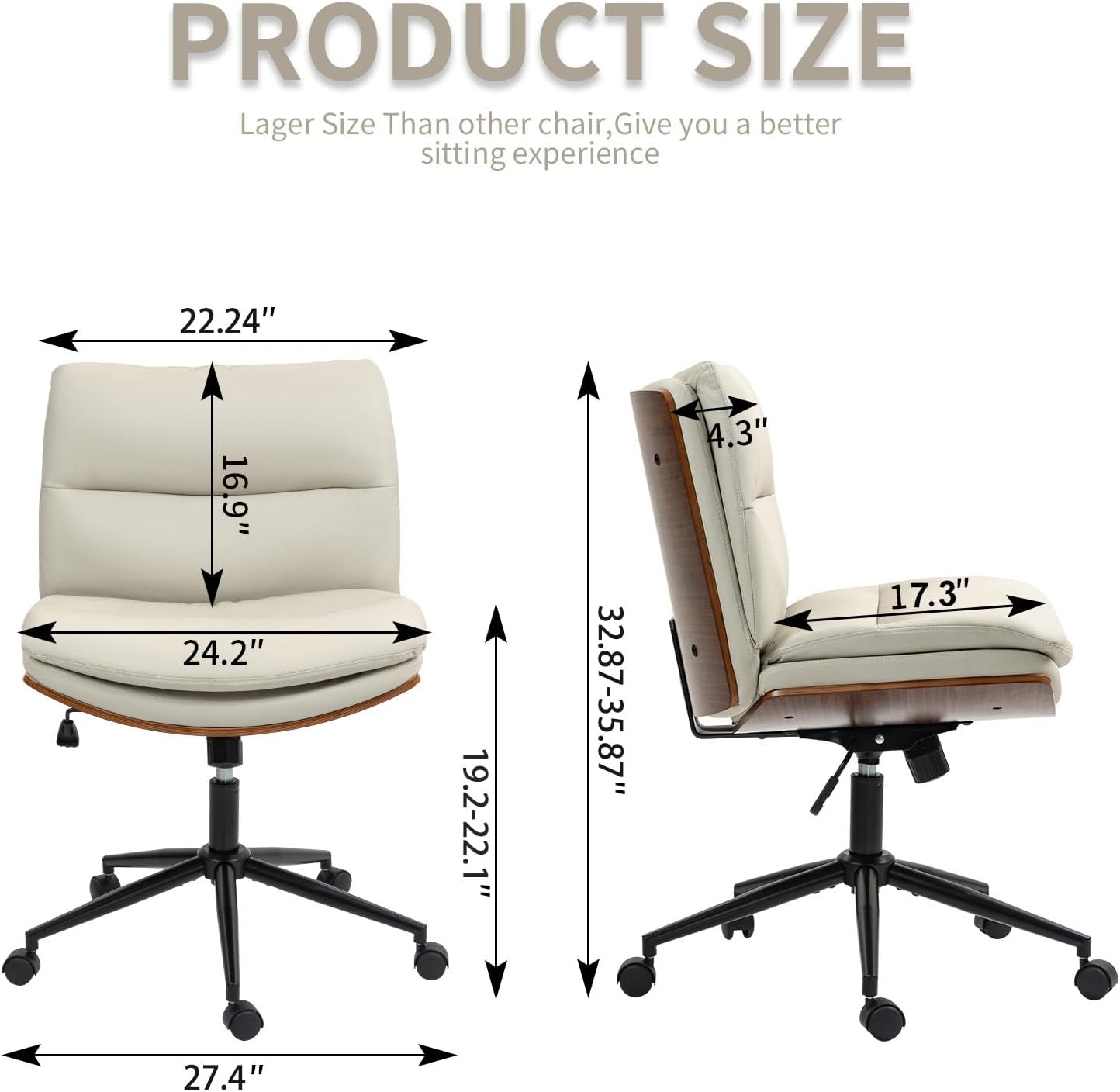 Armless Modern Walnut Office Desk Chair with Wheels, PU Leather Adjustable Wide Swivel Executive Task Chair, Ergonomic Cross Legged Computer Chair for Conference Room, Home Office, Beige