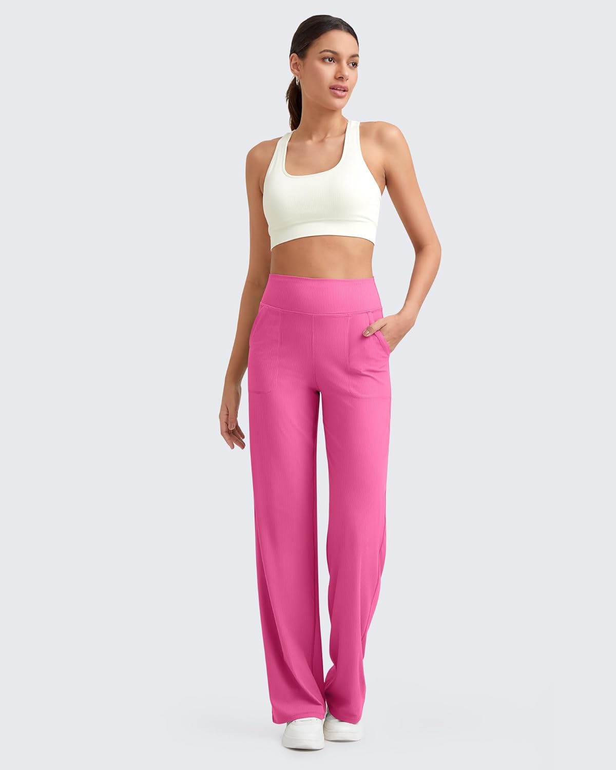 G4Free Women's Ribbed Knit Wide Leg Pants with Pockets Lightweight Stretchy Yoga Pants Casual Lounge
