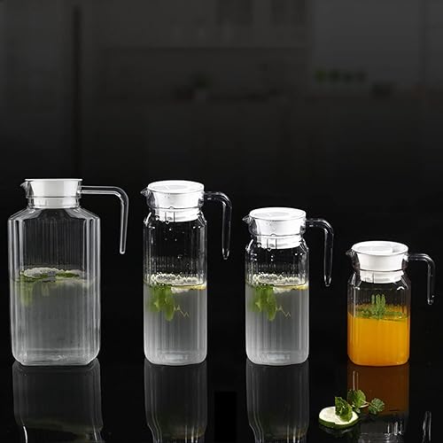 Miniatura 7 de Botella de bebida transparente de acrílico jarra de bebida de vidrio acanalado jarra de agua a rayas jarra de bebida fría con tapa para bar y hogar