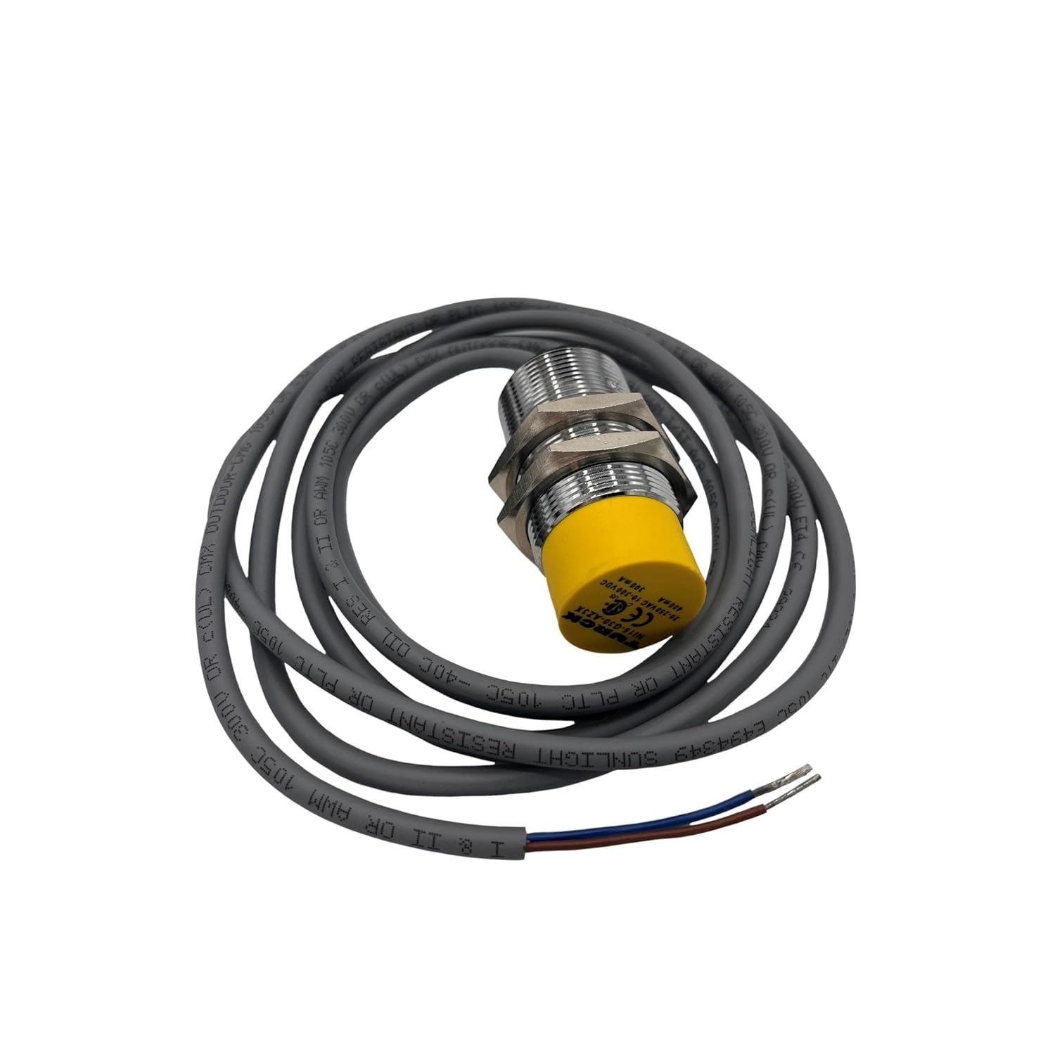 TURCK NI15-G30-AZ3X (4345101), 1 LED, 15MM Range, 2 Meter Cable, 20-250 VAC / 10-300 VDC, 2-Wire, 30MM Size, Full Thread, INDUCTIVE, NONEMBEDDABLE, Normally Open, Sensor